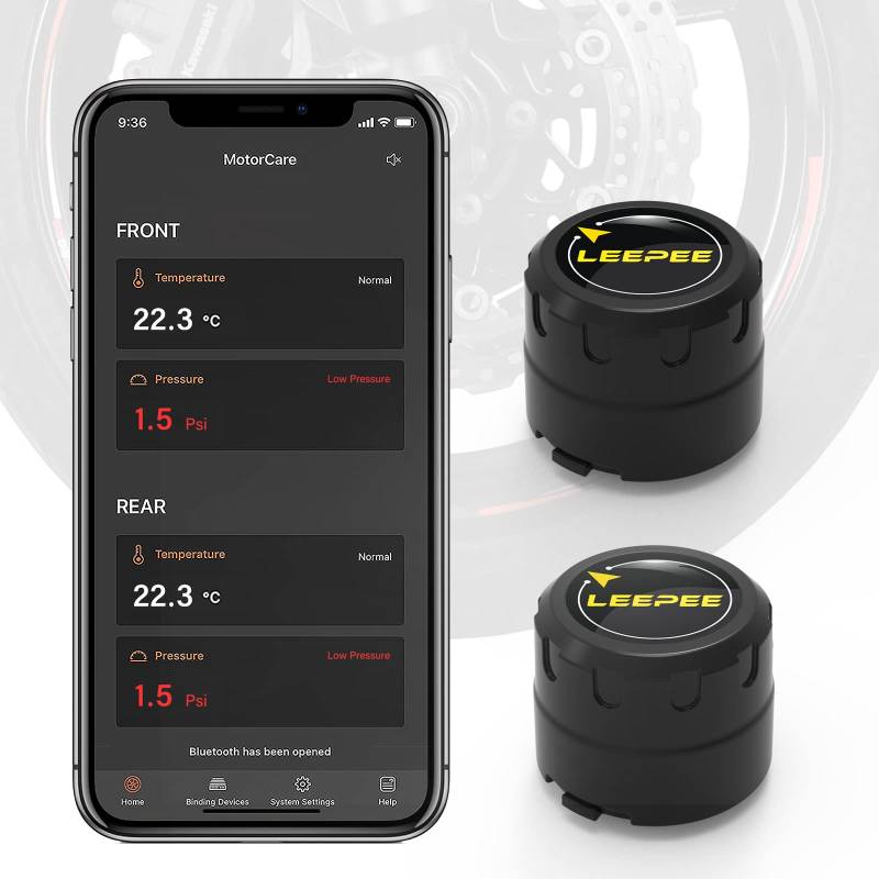 leepee Motorrad-Reifendruckkontrollsystem, Bluetooth 5.0, Reifendruckalarm, Temperatur, kabellos, Motorrad TPMS mit 2 externen Sensoren, unterstützt iOS und Android von leepee