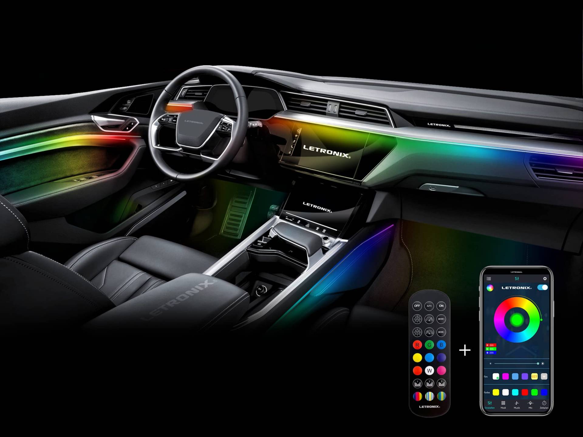 LETRONIX *Black-Edition* RGBIC Full LED Ambientebeleuchtung Auto Rainbow RGB (Für 2 Türen + 2 Türgriff) mit APP Steuerung und Fernbedienung von letronix