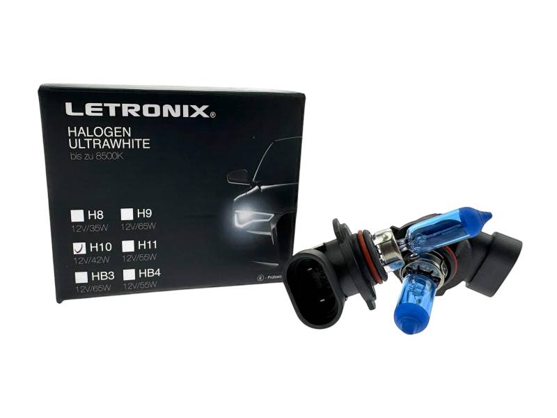 LETRONIX Halogen Auto Lampen H10 12V 8500K Kalt Weiß Xenon Optik Gas Ultra White Look Birnen Lampe Abblendlicht Nebelscheinwerfer Fernlicht Kurvenlicht Zulassung E-Prüfzeichen (LED Optik) (H10 42W) von letronix