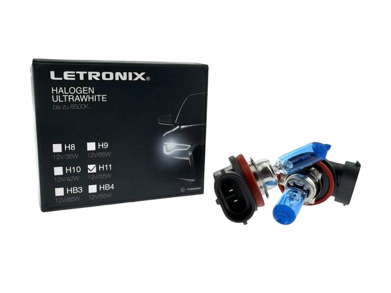 letronix Halogen Auto Lampen H11 12V 8500K Kalt Weiß Xenon Optik Gas Ultra White Look Birnen Lampe Abblendlicht Nebelscheinwerfer Fernlicht Kurvenlicht Zulassung E-Prüfzeichen (LED Optik) (H11 55W) von letronix
