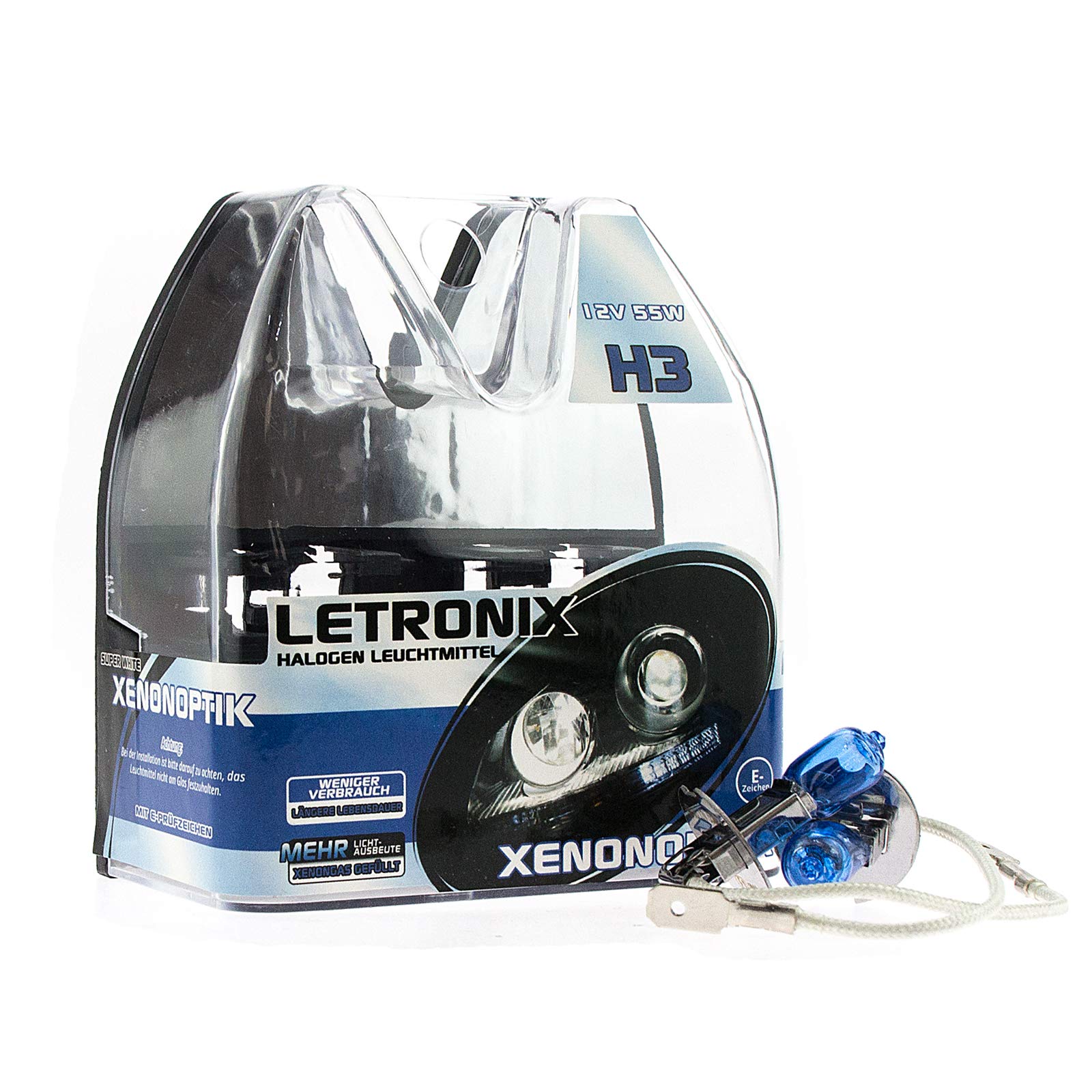 LETRONIX Halogen Auto Lampen H3 12V 8500K Kalt Weiß Xenon Optik Gas Ultra White Look Birnen Lampe Abblendlicht Nebelscheinwerfer Fernlicht Kurvenlicht Zulassung E-Prüfzeichen (LED Optik) (H3 55W) von letronix