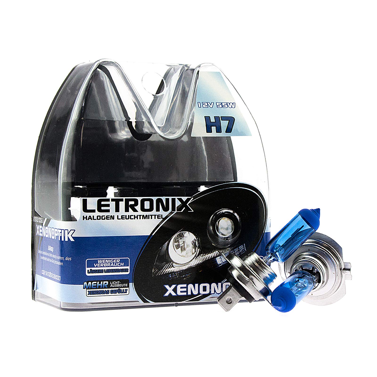 LETRONIX Halogen Auto Lampen H7 12V 8500K Kalt Weiß Xenon Optik Gas Ultra White Look Birnen Lampe Abblendlicht Nebelscheinwerfer Fernlicht Kurvenlicht Zulassung E-Prüfzeichen (LED Optik) (H7 55W) von letronix