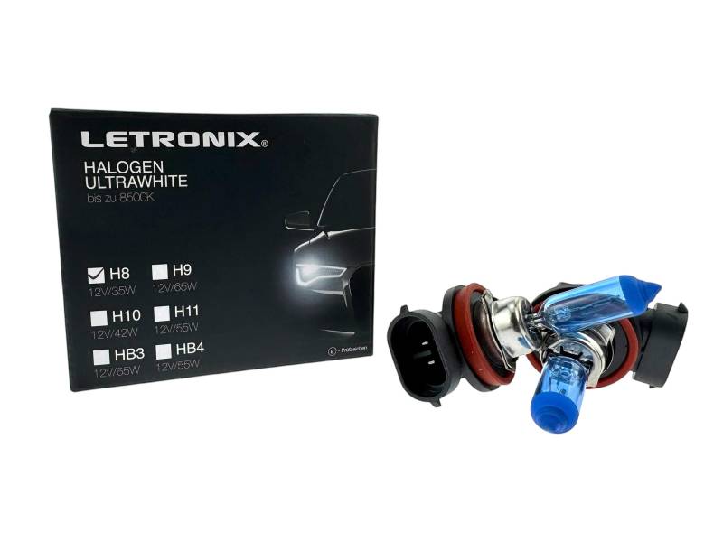letronix Halogen Auto Lampen H8 12V 8500K Kalt Weiß Xenon Optik Gas Ultra White Look Birnen Lampe Abblendlicht Nebelscheinwerfer Fernlicht Kurvenlicht Zulassung E-Prüfzeichen (LED Optik) (H8 35W) von letronix