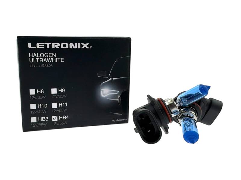 letronix Halogen Auto Lampen HB4 9006 12V 8500K Kalt Weiß Xenon Optik Gas Ultra White Look Birnen Lampe Abblendlicht Nebelscheinwerfer Fernlicht Kurvenlicht E-Prüfzeichen (LED Optik) (HB4 55W) von letronix