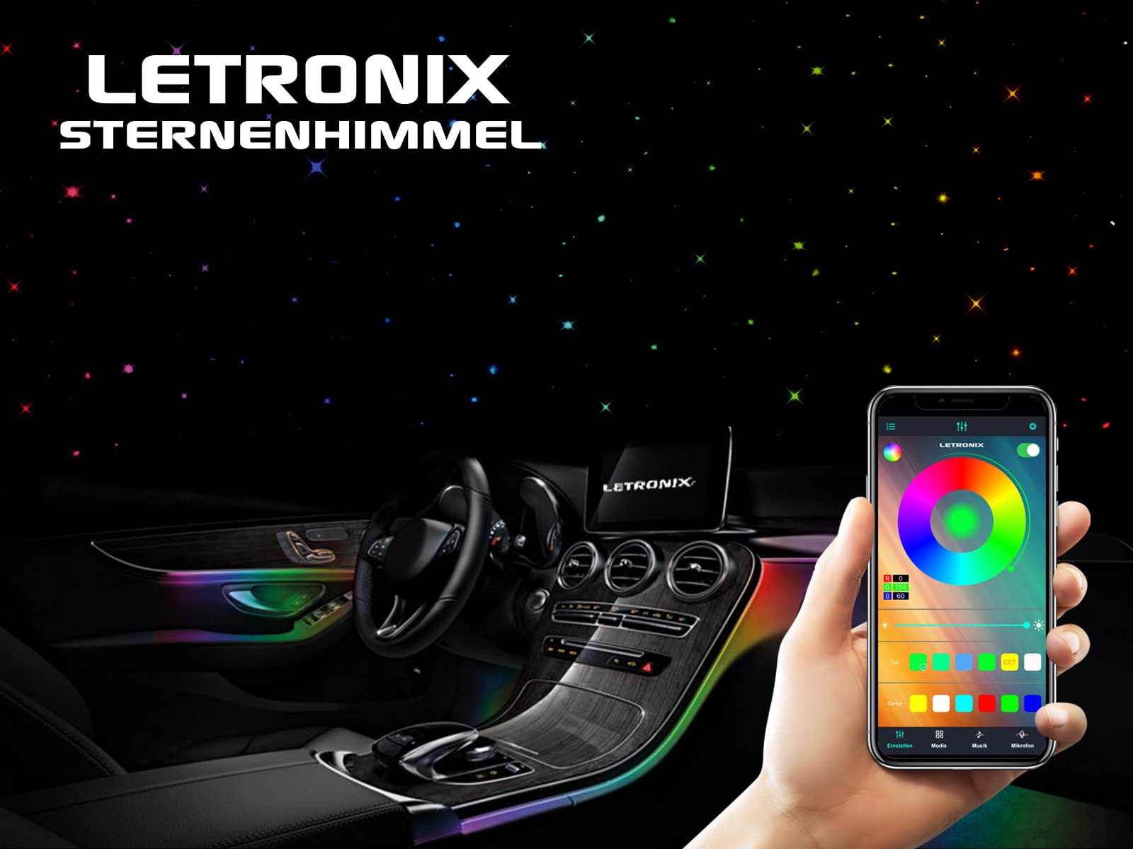 LETRONIX RGB LED Auto Sternenhimmel Sterne Lichtleiter Himmel Ambientebeleuchtung mit App Steuerung (6er Set 330 Sterne) von letronix