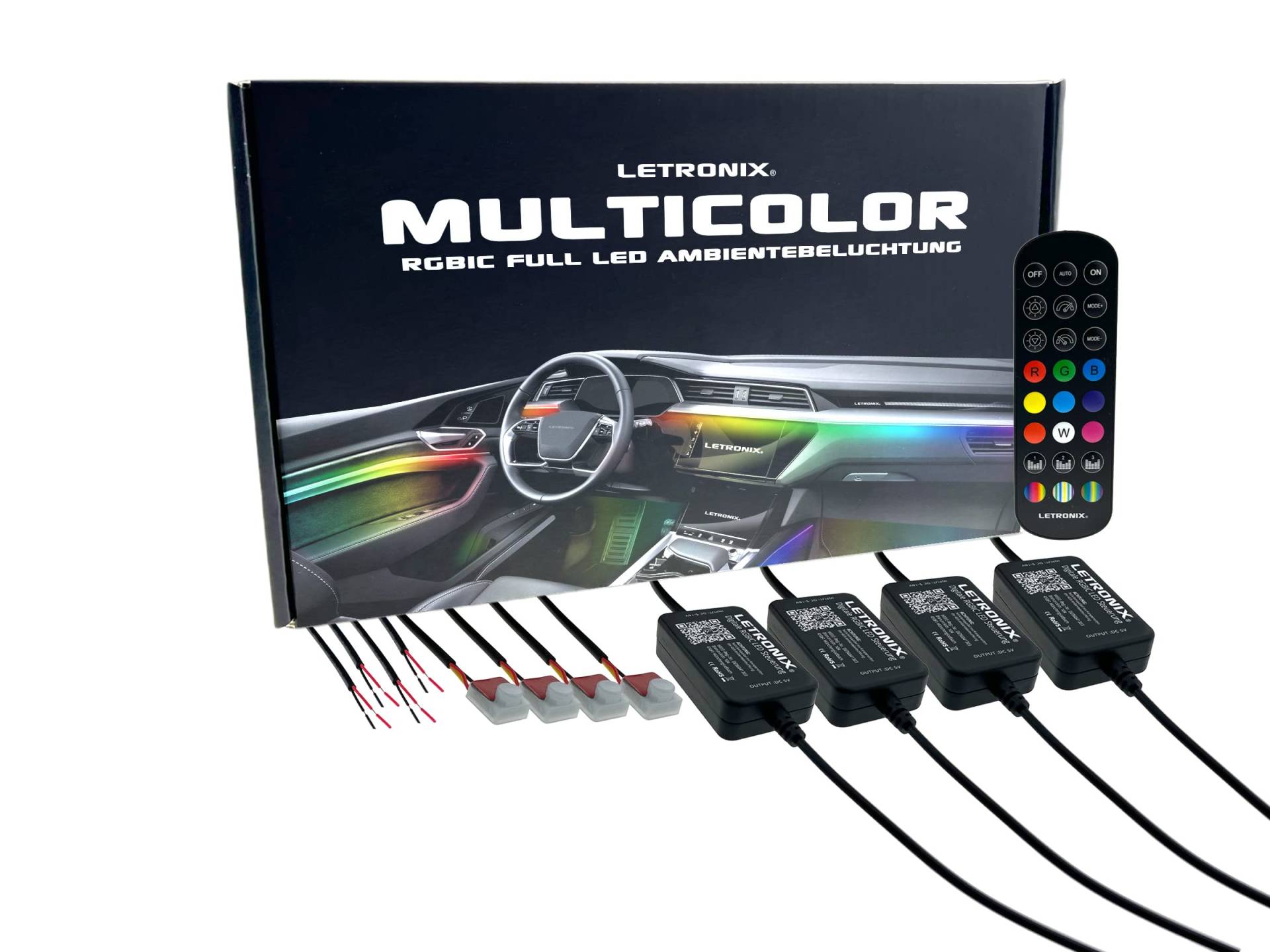 LETRONIX RGBIC RGB Full LED Rainbow Auto Ambientebeleuchtung (Für Ablage oder Türgriffbeleuchtung 4er Set) mit APP Steuerung und Fernbedienung von letronix