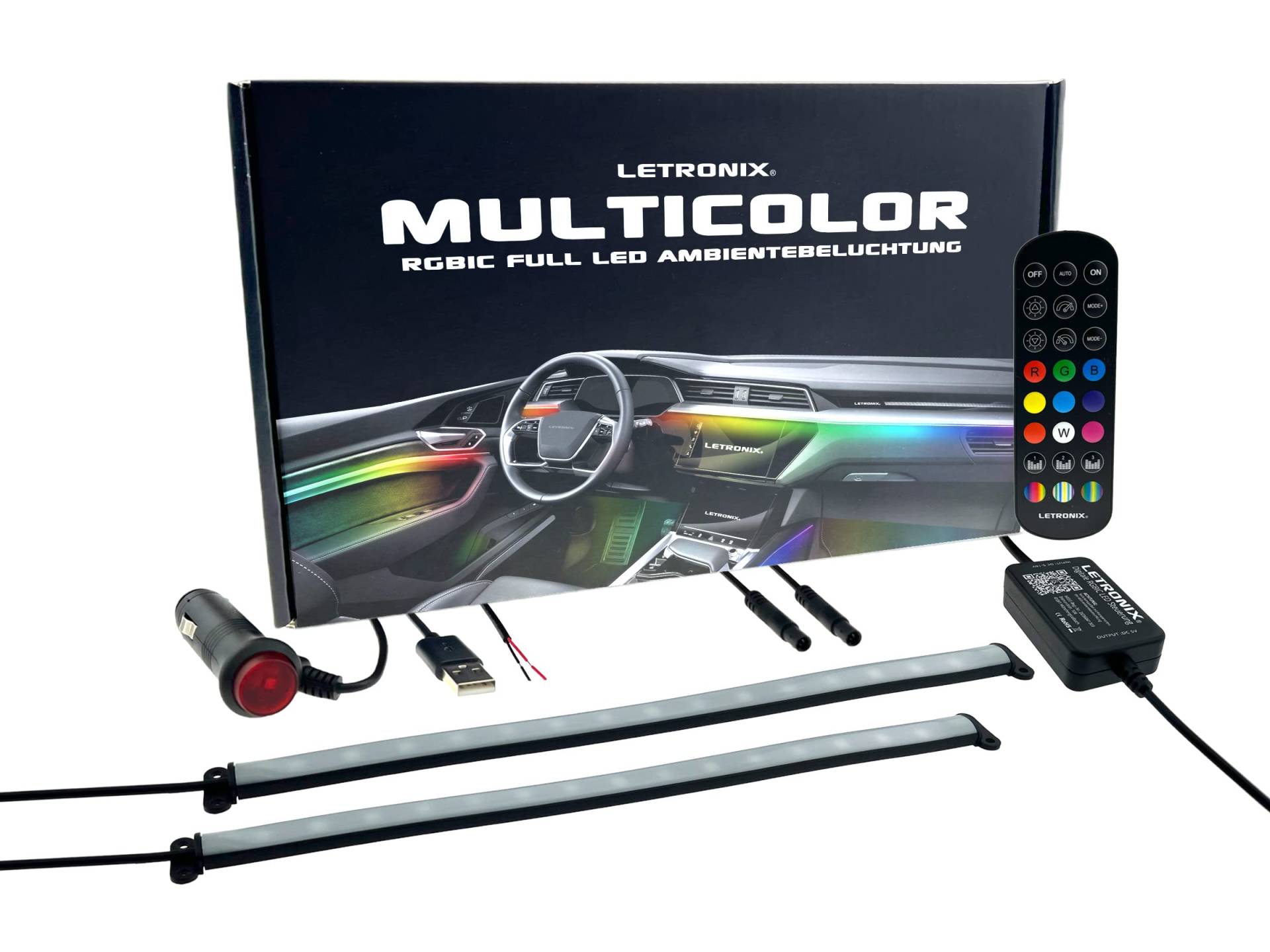 LETRONIX RGBIC RGB Full LED Rainbow Auto Ambientebeleuchtung (Für Fußraumbeleuchtung Set mit 2X LED Leisten) mit APP Steuerung und Fernbedienung von letronix