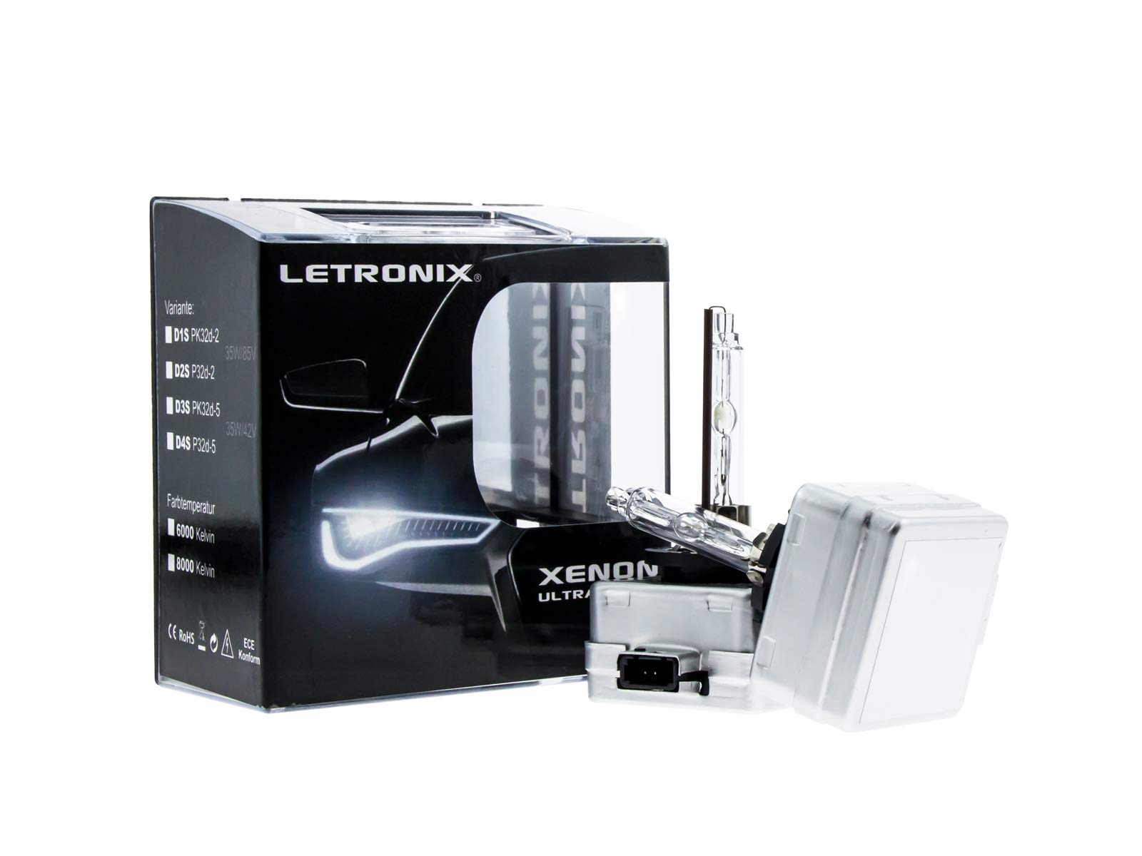 letronix Xenon Brenner Lampen D1S PK32d-​2 35W 85V 6000K DuoBox = 2 Stück - E-Prüfzeichen - Autolampe - LED Optik - Eintragungsfrei (D1S -2 Stück - 6000K) von letronix