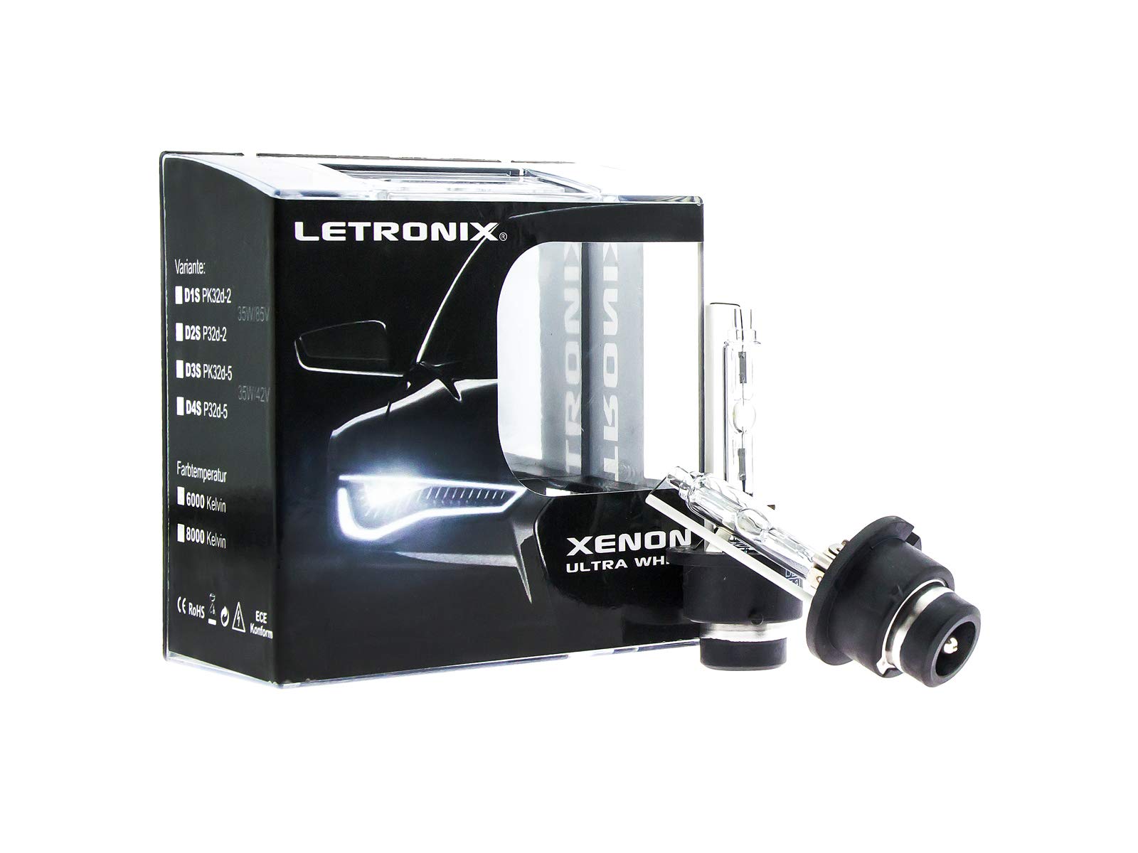 letronix Xenon Brenner Lampen D2S P32d-​2 35W 85V 6000K DuoBox = 2 Stück - E-Prüfzeichen - Autolampe - LED Optik - Eintragungsfrei (D2S -2 Stück - 6000K) von letronix