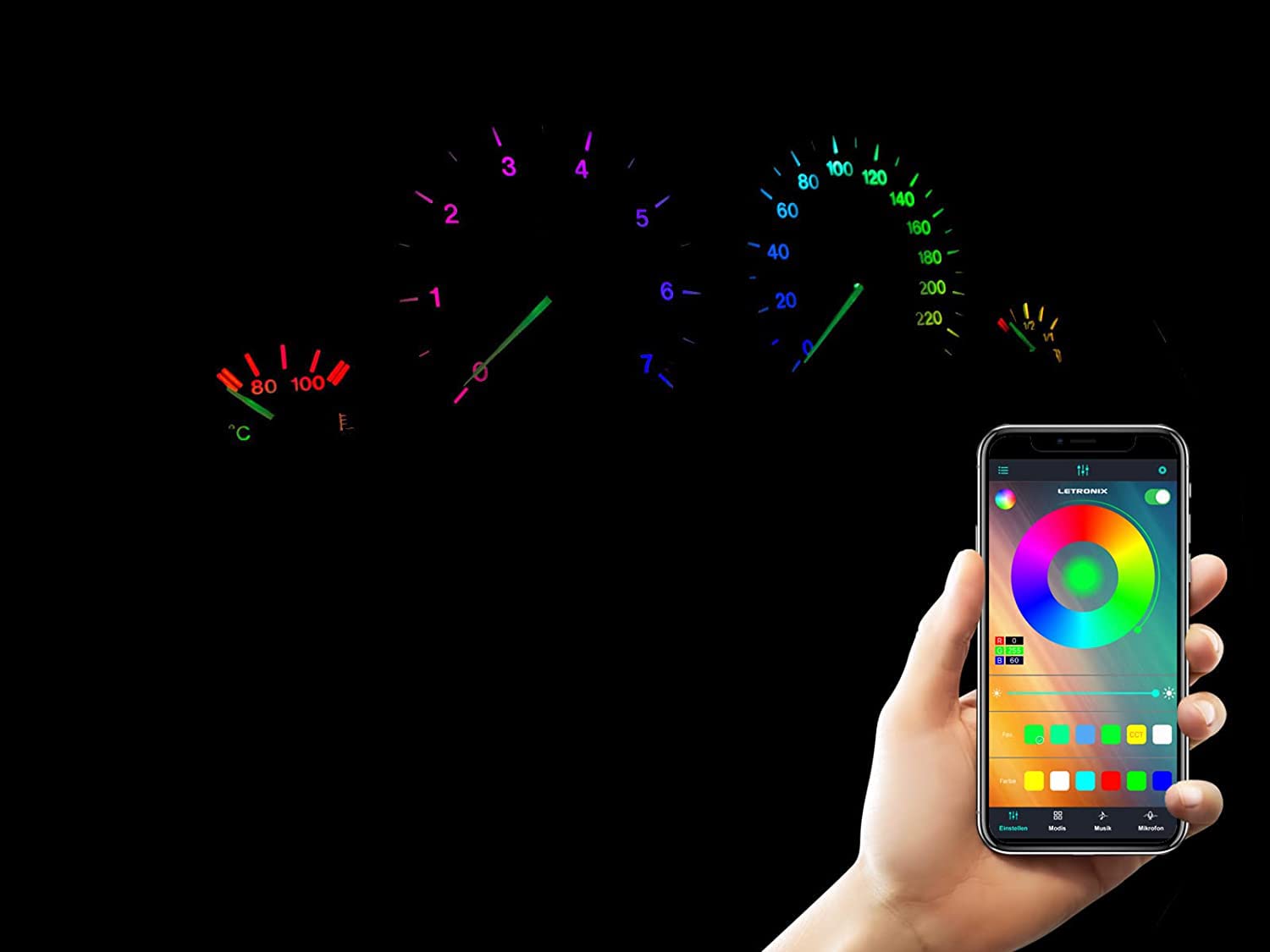 letronix RGB LED B8,5d Instrumentenbeleuchtung Tachobeleuchtung Cockpitbeleuchtung B8.5D Set mit App Steuerung (5er Set) von letronix