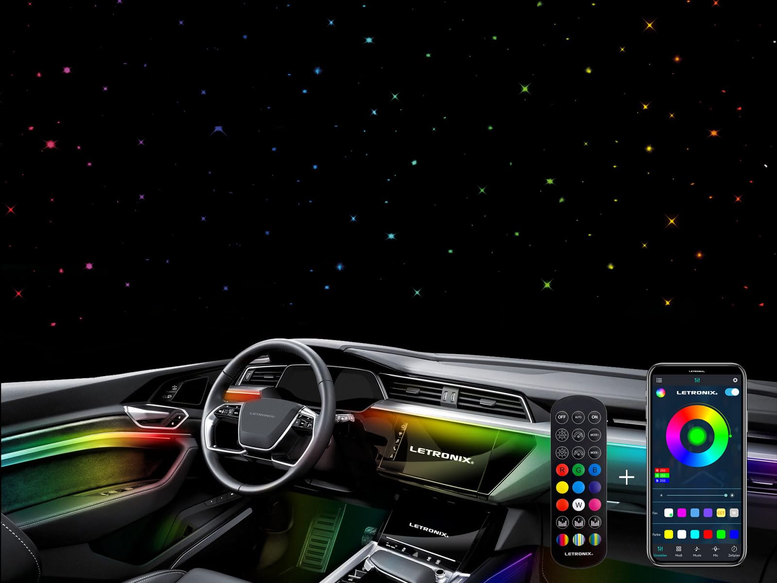 LETRONIX RGB RGBIC Rainbow LED Auto Sternenhimmel Funkeln Sterne Lichtleiter Himmel Ambientebeleuchtung (10er Set 1040 Sterne) von letronix