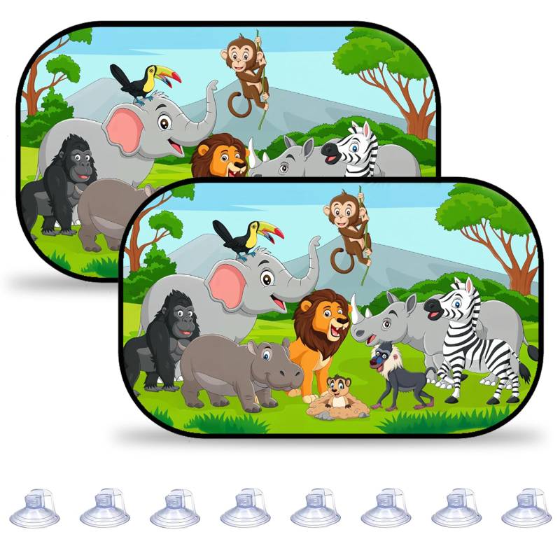 2 Stück Sonnenschutz Auto Baby Und 8 Stück Saugnäpfen，51 X 31cm/20.08 X 12.2inch, Nettes Zoodesign, Sonnenblende Auto Kinder, Auto Sonnenschutz Baby von ltoSrfnb