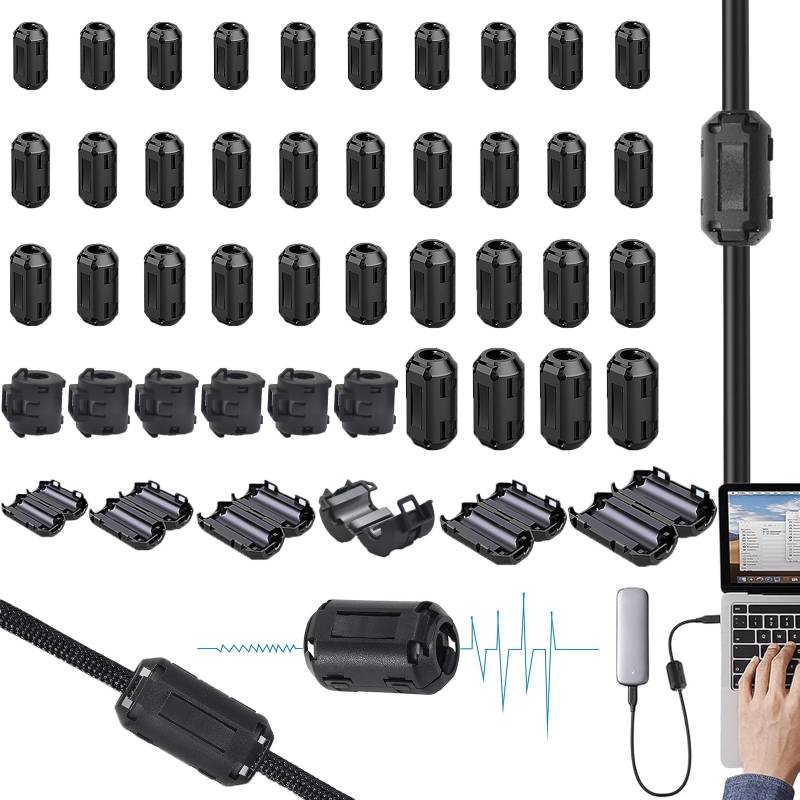 lurora2021 40 Stück Ferritkerne für Kabel Ferritkerne Entstörfilter Ferritfilter Emi Rauschunterdrückung Kabel-Clip Ferrit Ring für Kabel, Usb-Kabel, Mauskabel, Tastaturkabel(3.5/5/7/8/9/13mm,Schwarz) von lurora2021