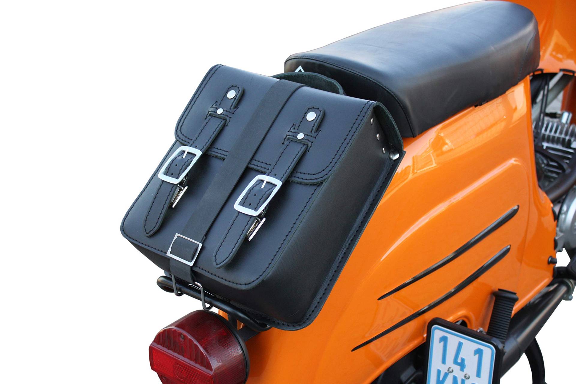 made4bikers Kleine Leder-Hecktasche mit Schnellverschluss-Gepäckträgertasche, Schwarz, passend für Simson Schwalbe Sperber Star Sparrow KR50 KR51 SR4 von made4bikers