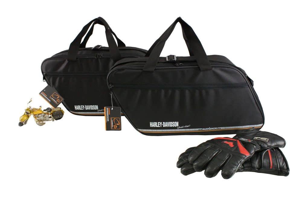 made4bikers Promotion-Bag: Bedruckte Koffer Innentaschen passend für Harley-Davidson Road King mit Leder-Koffern von made4bikers