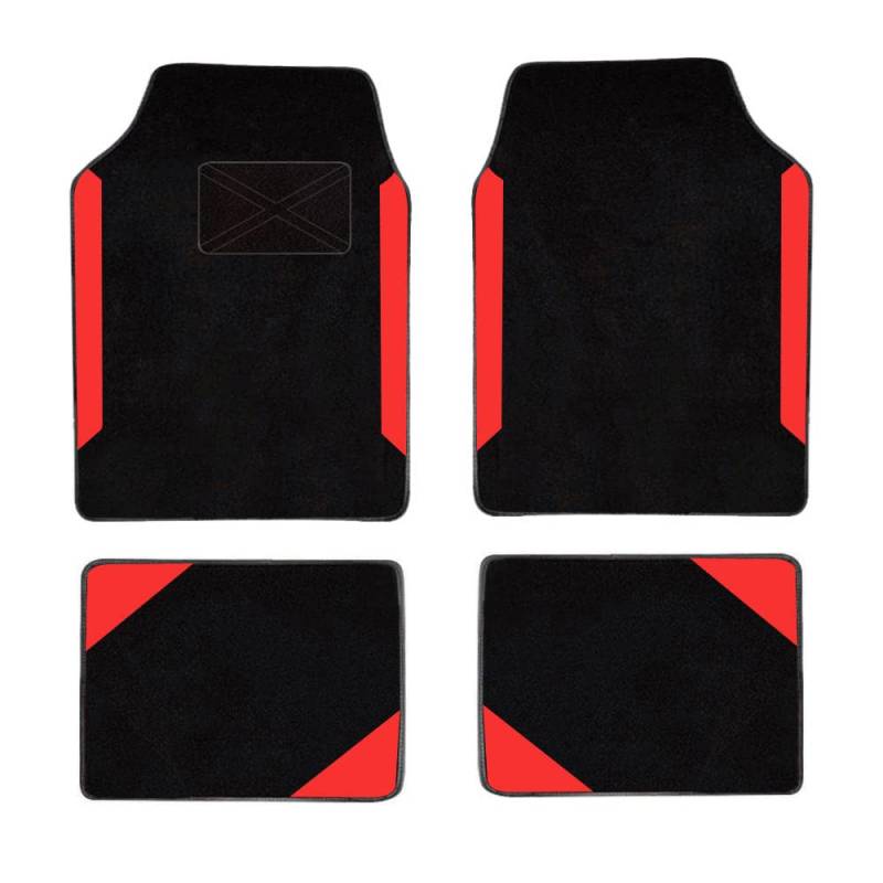Universal Auto Fußmatte Beflockun,Automatte für Fast alle Auto,4 Teiliges Set ohne Mattenhalter,sportlichen Stil,Schwarz Rot von maipula