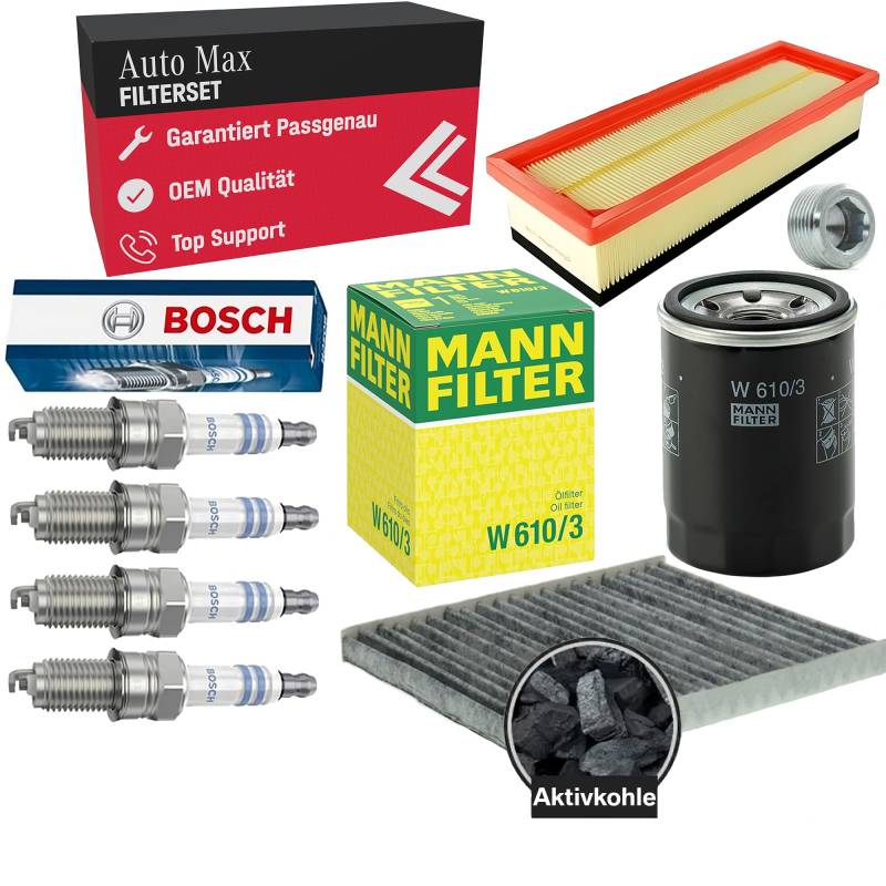Filterset Inspektionspaket für FIAT 500 & PANDA | FORD KA | LANCIA YPSILON | 1.2 69 PS | Fiat 500 bis 08.2011 | BOSCH Zündkerzen | Aktivkohlefilter von mbmax.de