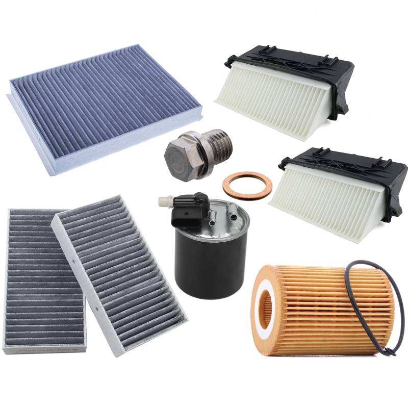 Filterset Inspektionspaket für MERCEDES GLE GLS ML GL | 350d OM642 258PS | W166 X166 C292 | Ölfilter | Ablassschraube | Luftfilter | Kraftstofffilter | Innenraumfilter | Staubfilter | Aktivkohle von mbmax.de