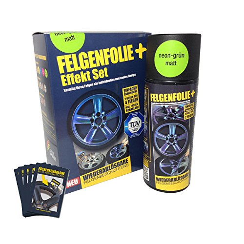 mibenco 71006038 FELGENFOLIE+ und Effekt Set, 2 x 400 ml, Neon-Grün - Flüssiggummi Spray / Sprühfolie - Neue Neon-Farbe und Schutz zum Felgen lackieren von mibenco