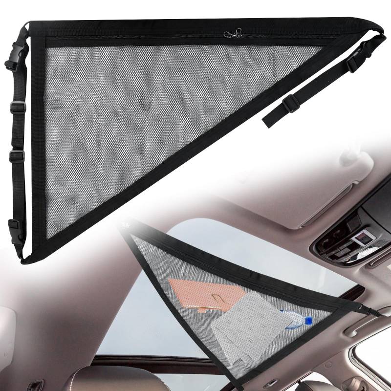 Gepäcknetz Auto Dachhimmel, Universal Gepäcknetz Autodach Dreiecke Aufbewahrungsnetz Verstellbare Auto Netz Dachhimmel Kofferraum Netztasche für Auto Camping Zubehör SUV Van, Schwarz, 70x50cm von mongtsamz