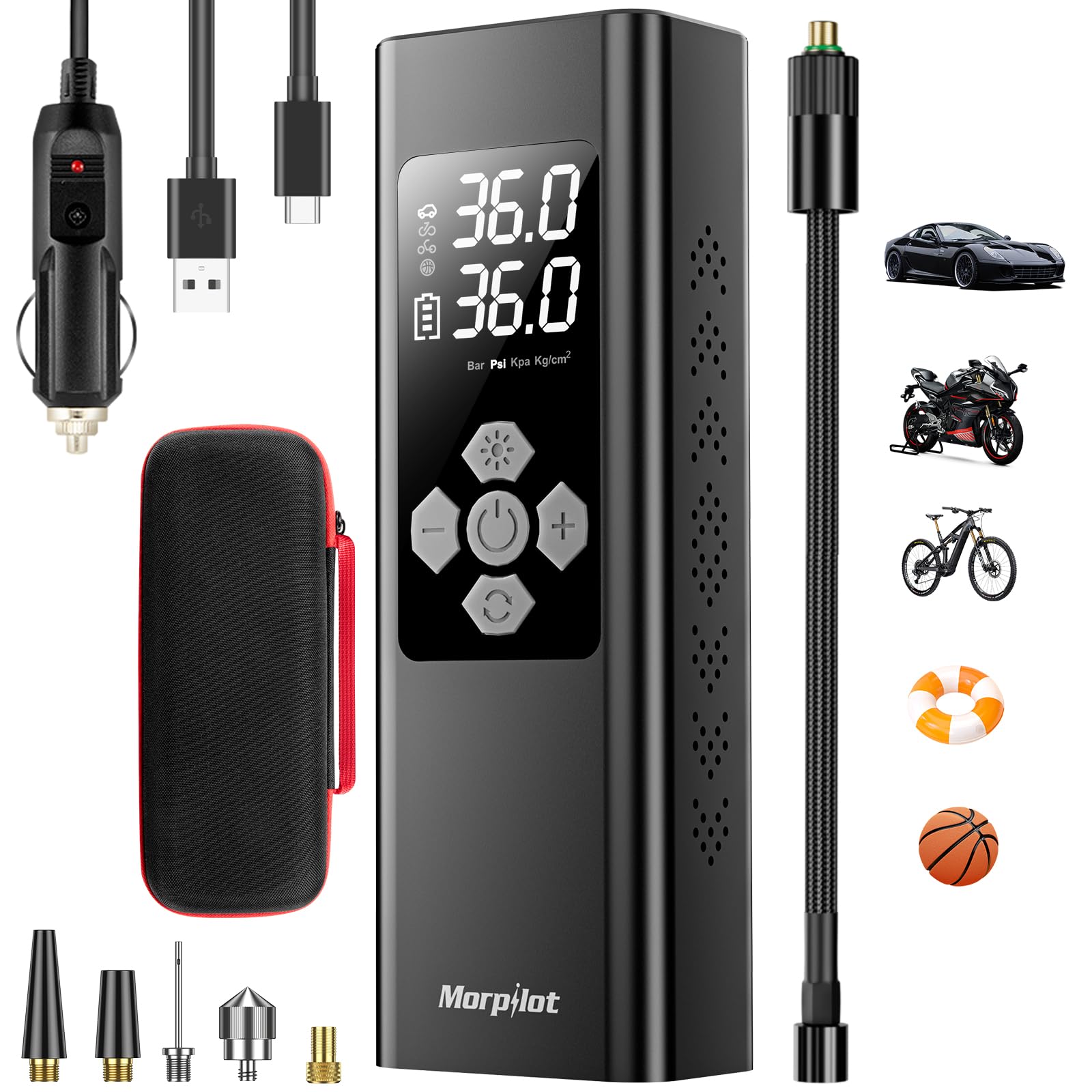 Morpilot Elektrische Luftpumpe, 9000mAh Akku Luftpumpe Kompressor, Fahrradpumpe Elektrisch mit Digitalanzeige und Notbeleuchtung, Pumpe für Auto, Motorrad, Fahrräder, Bälle Morpilot Elektrische Luftpumpe, 9000mAh Akku Luftpumpe Kompressor, Fahrradpumpe Elektrisch mit Digitalanzeige und Notbeleuchtung, Pumpe für Auto, Motorrad, Fahrräder, Bälle von morpilot