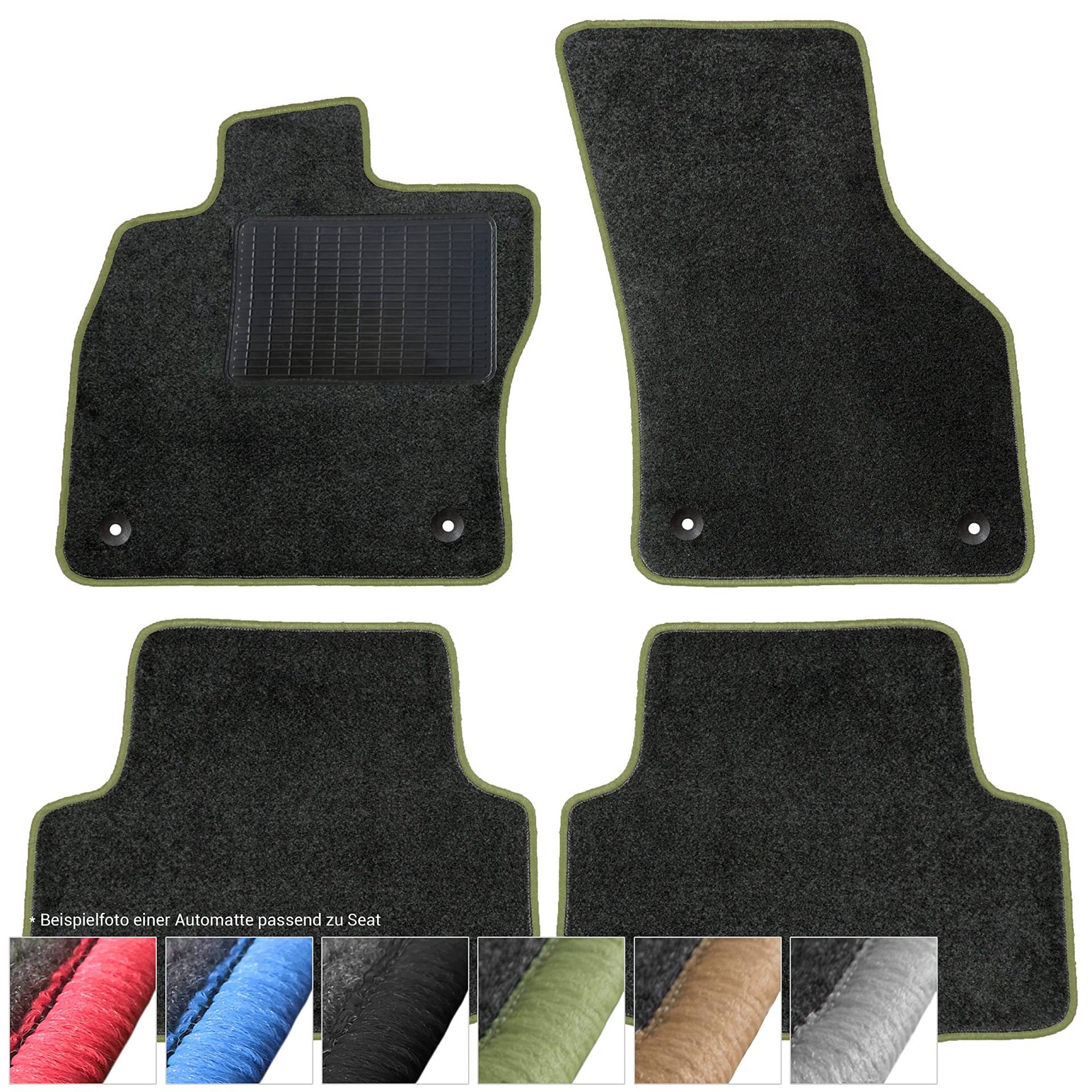 moto-MOLTICO Fußmatten Auto - Velours Autoteppiche passend für Seat Ibiza IV Skoda Fabia 3-4-teiliges Set - Schwarze Automatten mit Grünen Ziernähten von moto-MOLTICO