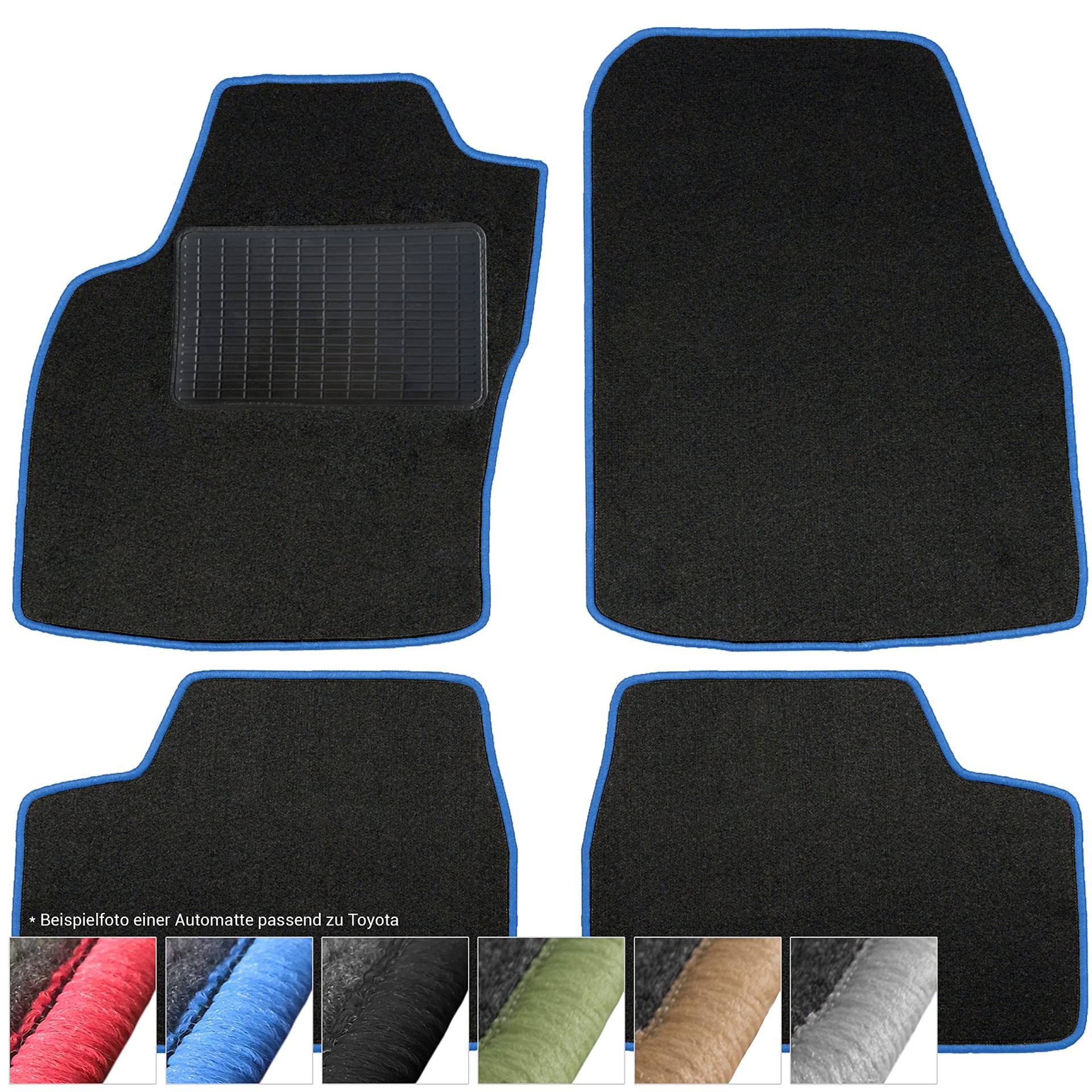moto-MOLTICO Fußmatten Auto - Velours Autoteppiche passend für Toyota Corolla E11 (1997-2001) - 4-teiliges Set - Schwarze Automatten mit Blauen Ziernähten von moto-MOLTICO