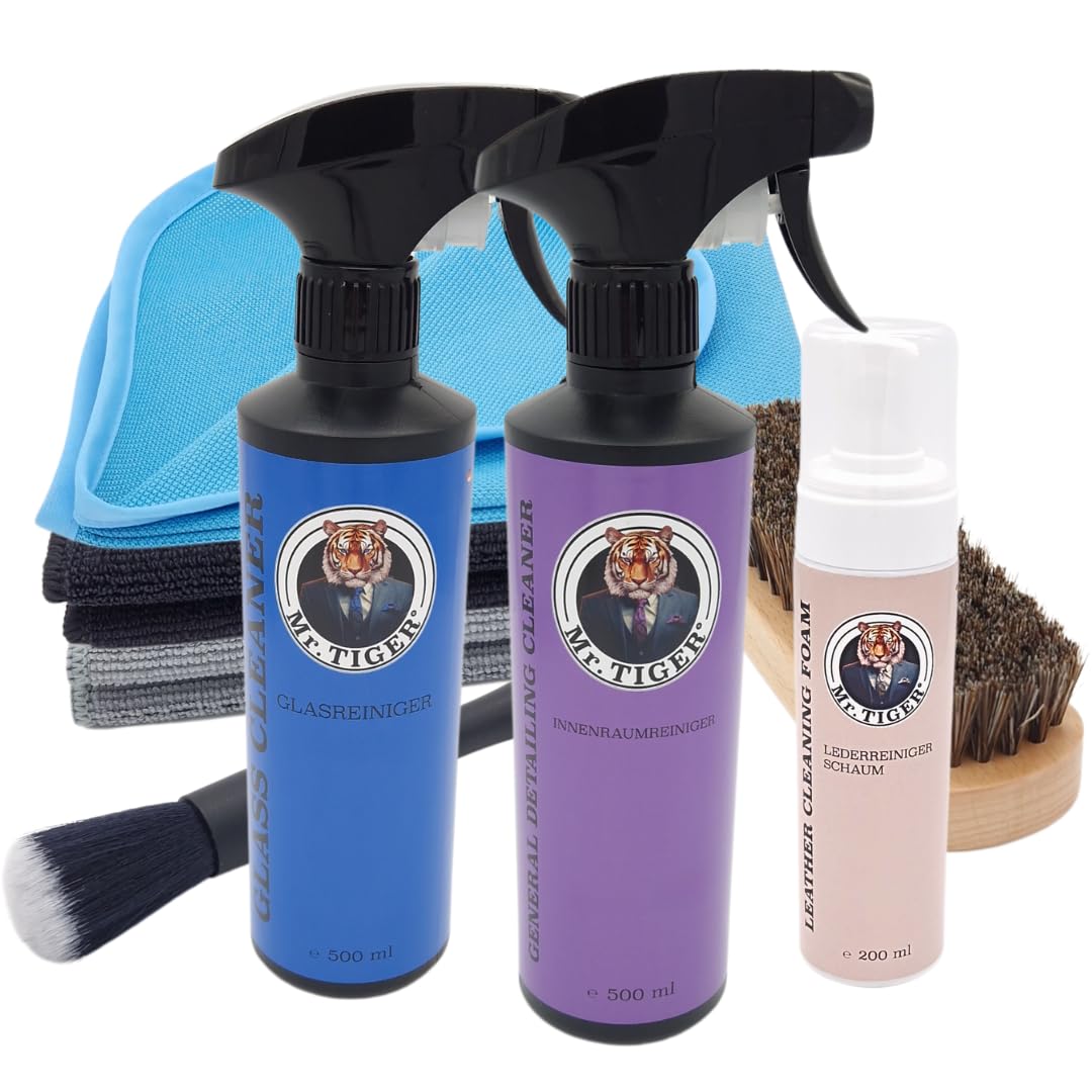Mr. TIGER Innenraumreiniger Plus Set | Auto Pflegeset | Innenraumreinigungsset | Innenraumreiniger + Glasreiniger + Lederreiniger + Reinigungsbürste + Pinsel + 3x Mikrofasertücher (8-teilig) von Mr. TIGER