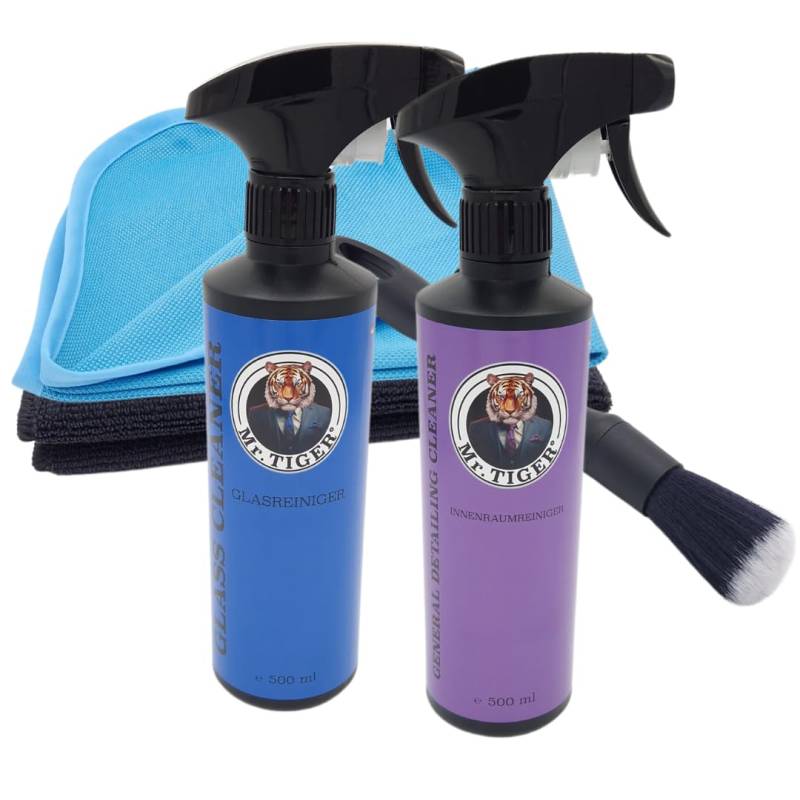 Mr. TIGER Innenraumreiniger Set | Auto Pflegeset | Innenreinigungsset | Autowaschset | Innenraumreini + Glasreinige + Pinsel + 2x Mikrofasertücher (5-teilig) von mr. tiger