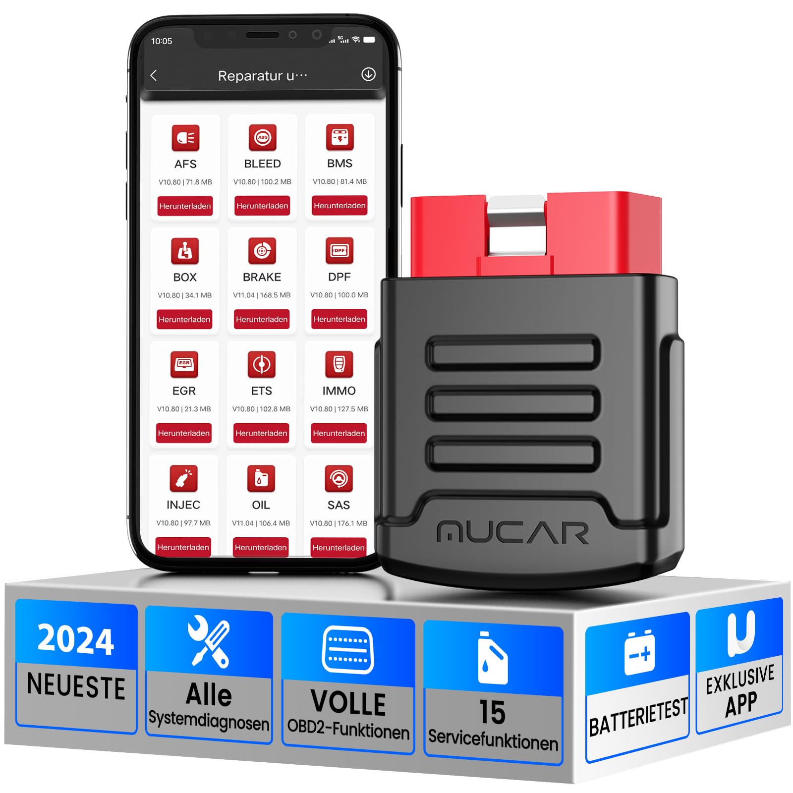 mucar OBD2 Bluetooth Adapter, BT200 PRO OBD2 Diagnosegerät mit Vollsysteme+15 Servicefunktionen, Diagnosegerät Auto für iOS/Android Batterietest, AutoVIN, Kostenloses Aktualisierungen von mucar