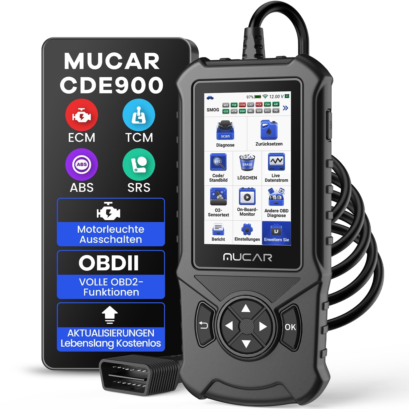 OBD2 Diagnosegerät, MUCAR CDE900 Motorfehler-KFZ Auslesegerät Mit Voller OBDII-Funktionen, Diagnosegerät Auto Unterstützung für die Kostenpflichtige Erweiterung von 4 Systemdiagnosen (ECM+TCM+ABS+SRS) von mucar