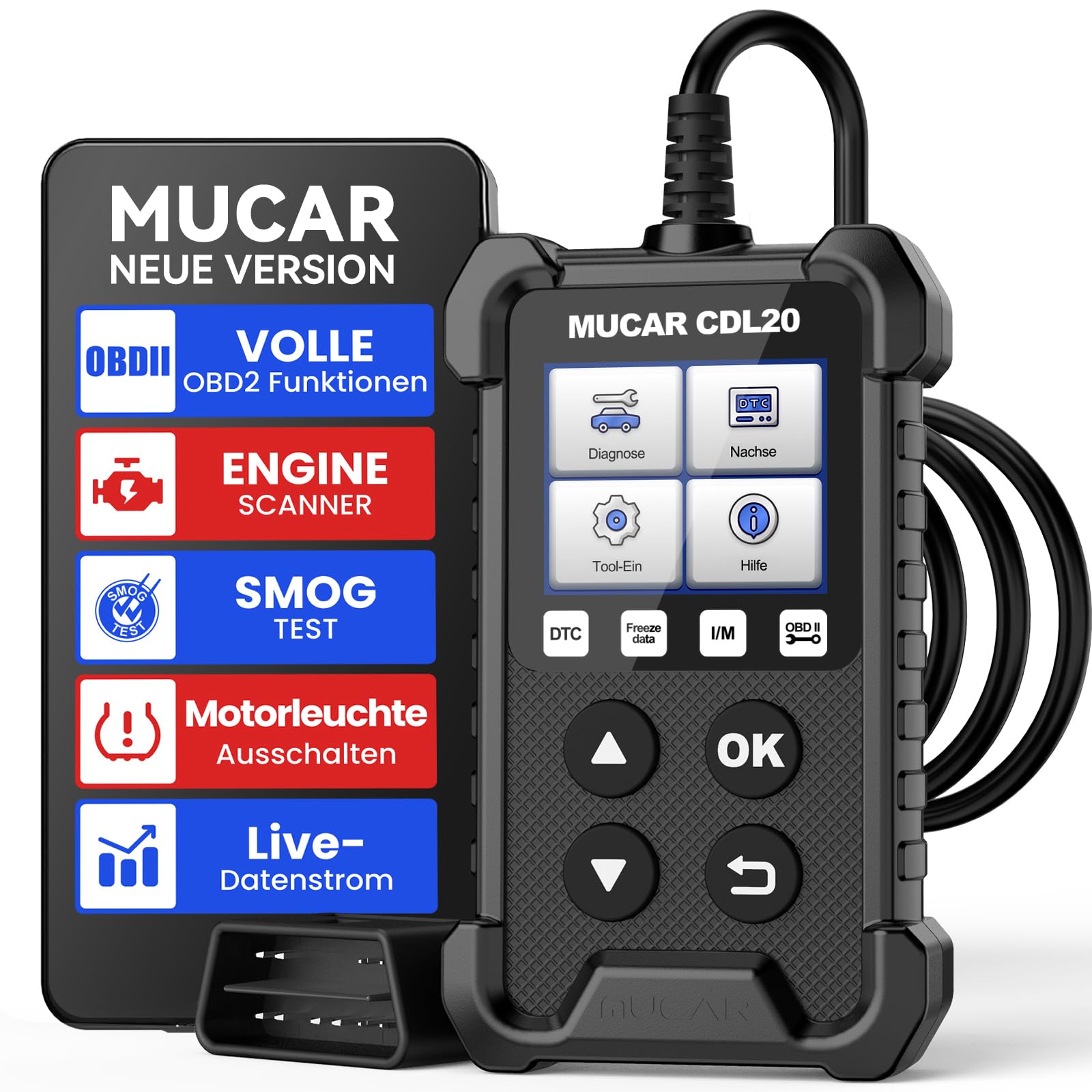 OBD2 Diagnosegerät, MUCAR CDL20 OBD2/EOBD Diagnosegerät Auto, Motor Fehlercodeleser Auto Diagnosegerät, KFZ Auslesegerät Mit Vollen OBD2-Funktionen, Auto Auslesegerät Unterstützt OBDII/EOBD-Protokoll von mucar