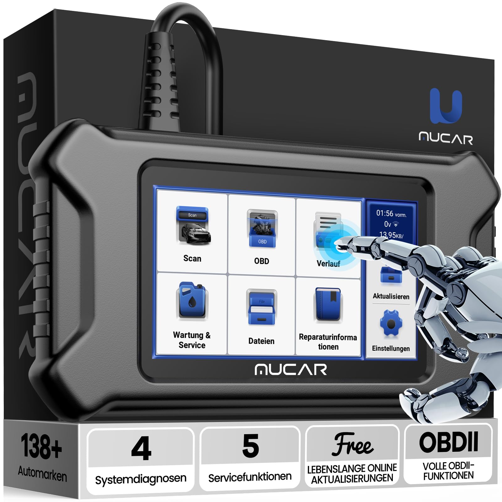 mucar OBD2 Diagnosegerät, CS4 Diagnosegerät Auto, KFZ Diagnosegerät Mit 4 Systemdiagnosen(ABS/SRS/ECM/TCM)+5 Servicefunktionen(Öl, EPB, SAS, TPMS, ETS), Android 7.0, Kostenlose Nutzung von mucar
