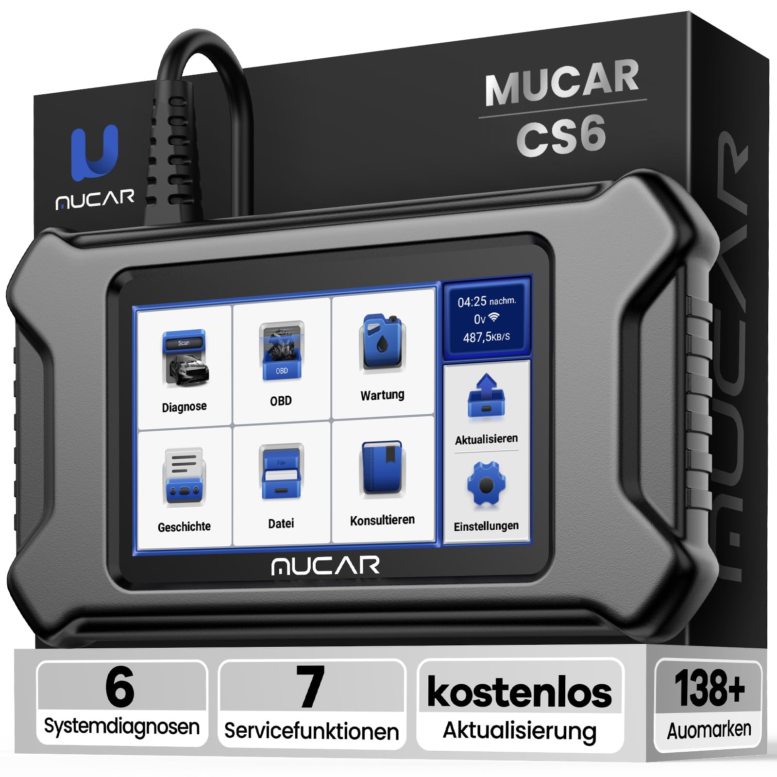 OBD2 Diagnosegerät, MUCAR CS6 Diagnosegerät Auto Mit 6 System(ECM/TCM/ABS/SRS/TPMS/BCM) + 7 Reset-Funktion(Öllampen/EPB/SAS/TPMS/TBA/ETS/ABS/DPF), Auto Auslesegerät Für AutoVIN, Kostenlose Updates von mucar
