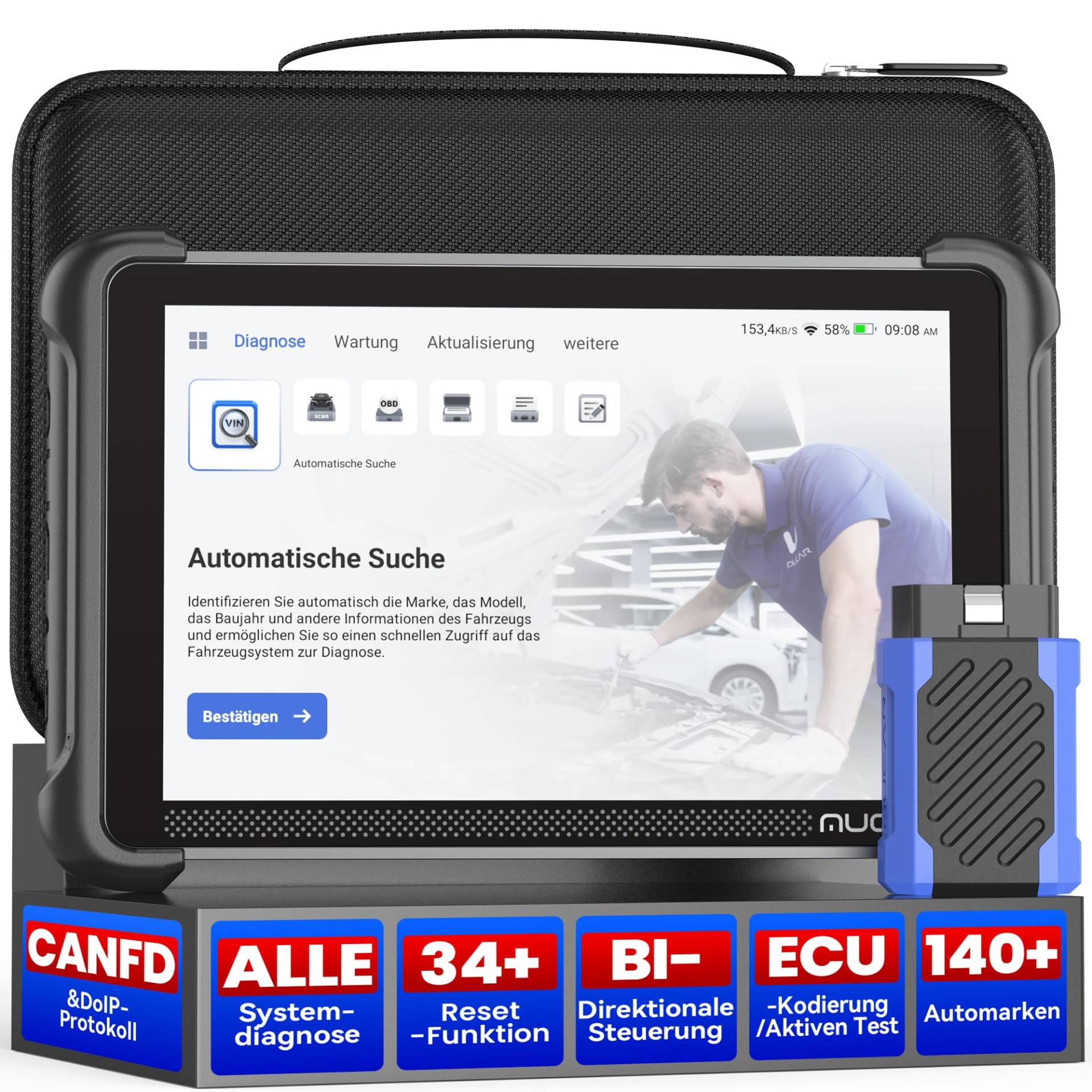 mucar OBD2 Diagnosegerät, 892BT Diagnosegerät Auto Mit 34 Reset-Funktion Und Volle Systemdiagnose, Auto Diagnosegerät Für ECU-Kodierung/BI Direktionale Steuerung, Kostenlose Lebenslange Updates von mucar