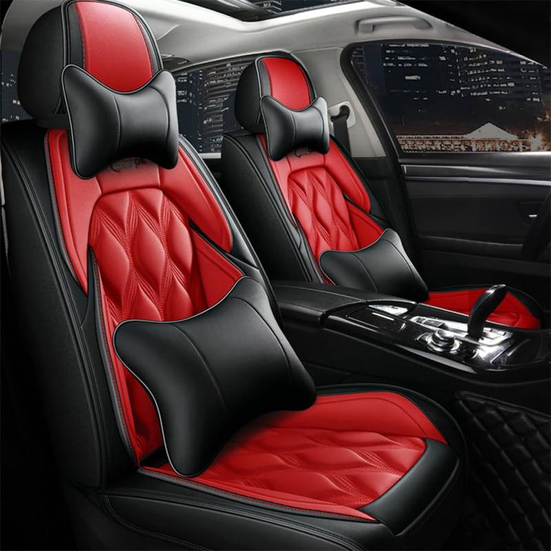 muchway Leder Auto Sitzbezüge kompatibel mit Mazda für CX-5 CX5 2013-2024 5 Sitze Autositzbezüge mit Kopfstütze Nackenkissen & Rückenkissen Autositze (mh109 Schwarz rot von muchway