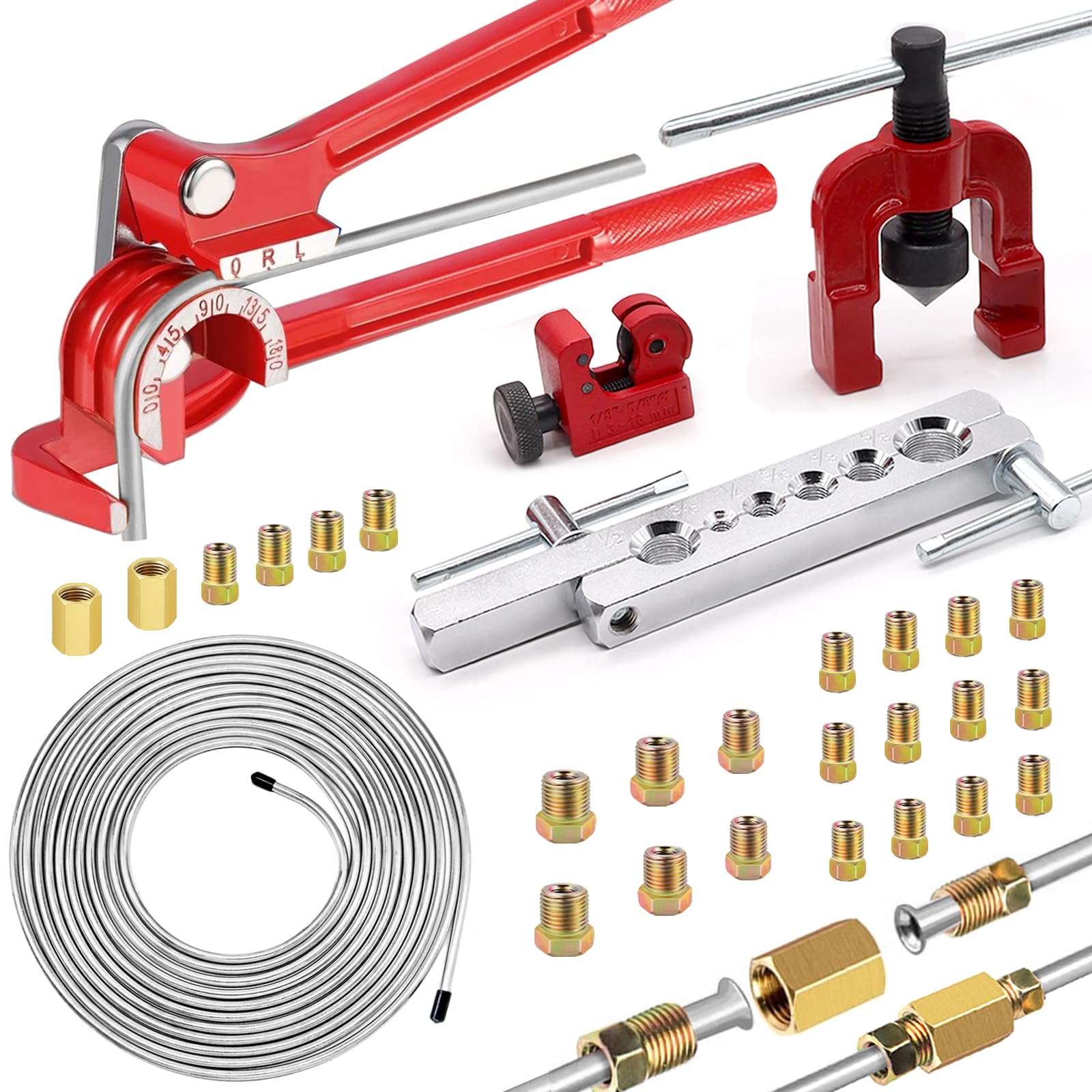 mxuteuk 26Pack 3/16-Zoll-Bremsleitungen-Kit enthält 25-Fuß-Zink-Bremsleitungen und Zubehör (16 Zubehörteile, 2 Anschlüsse+4 Muttern) Bremsleitungenbiegung, Einfachwerkzeug, Schneider von mxuteuk