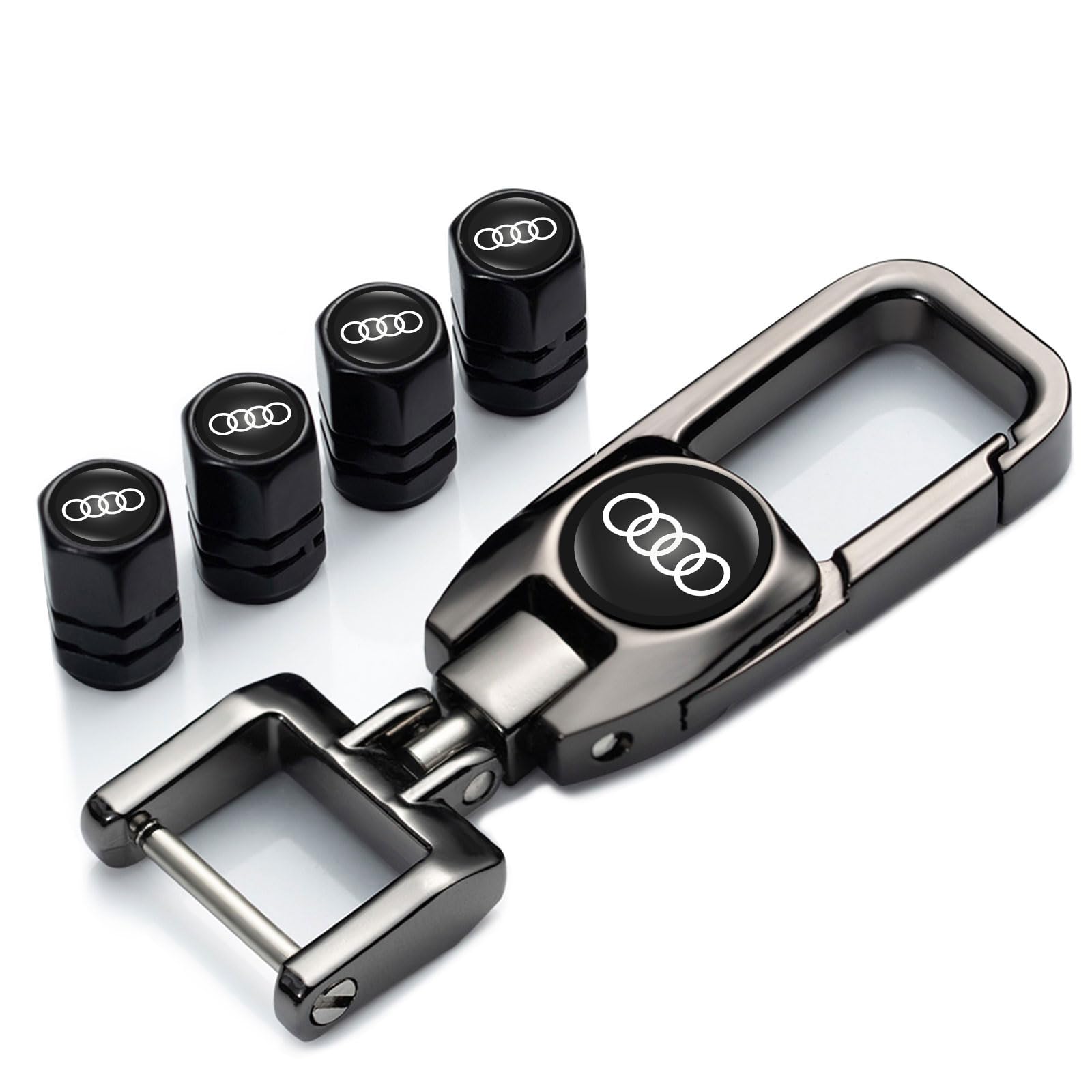 Auto Schlüsselanhänger mit 4PCS Ventilkappen, Legierung Schlüsselring und Ventilkappen Combo für Audi A1 A3 RS3 A4 A5 A6 A7 RS7 A8 Q3 Q5 Q7 R8,Schwarz von ncrftey