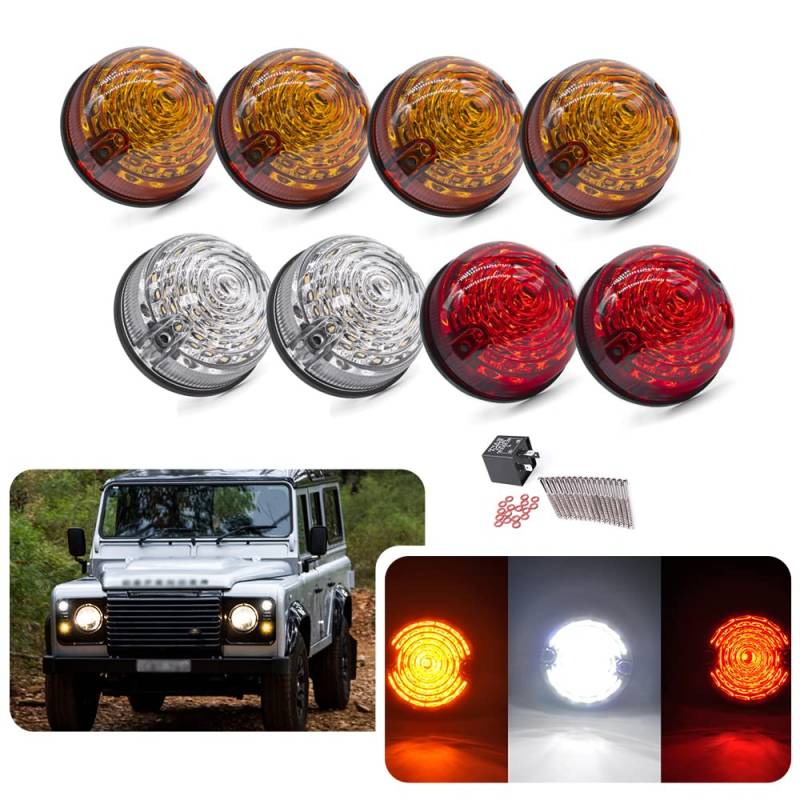 8 x 73 mm transparente, bernsteinfarbene und rote Linsen-Defender-LED-Lichter, Upgrade-Kit für Frontlicht, weißes Seitenlicht, Rücklicht für Land Rover Defender 90 110 von njssjd