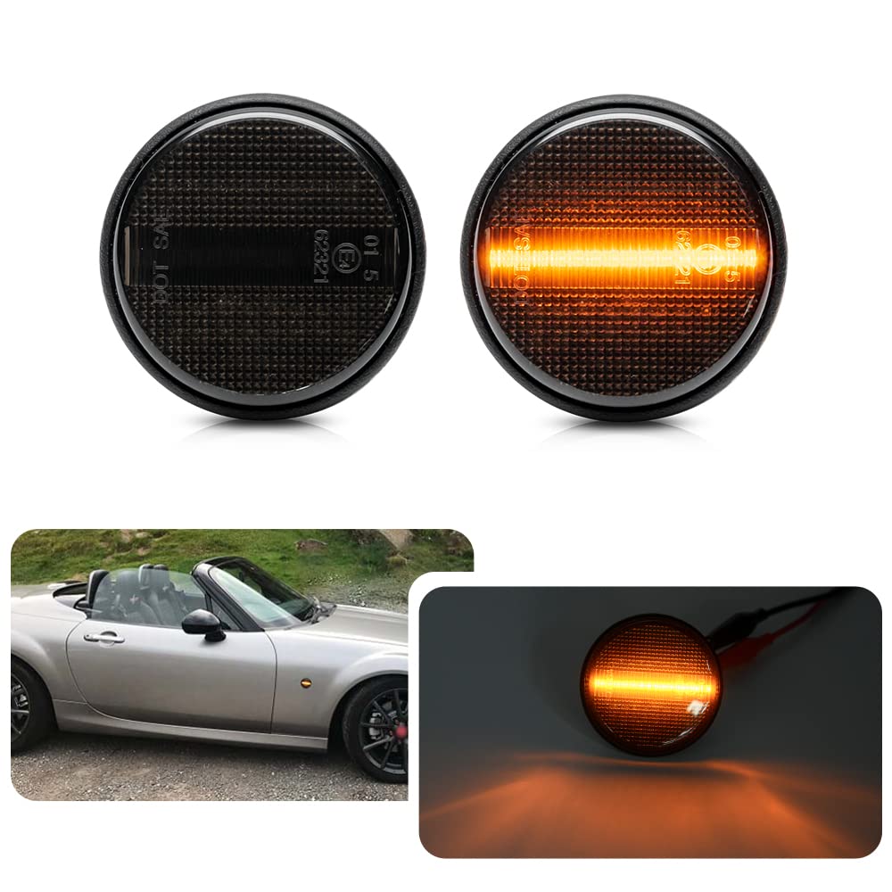 njssjd LED-Seitenblinker für Mazda MX-5 MK1 MK2 MK3 NA NB NC 1990-2015 Bernsteinfarbene LED-Seiten-Repeater-Markierungsleuchten vorne LH RH Smoked Lens von njssjd