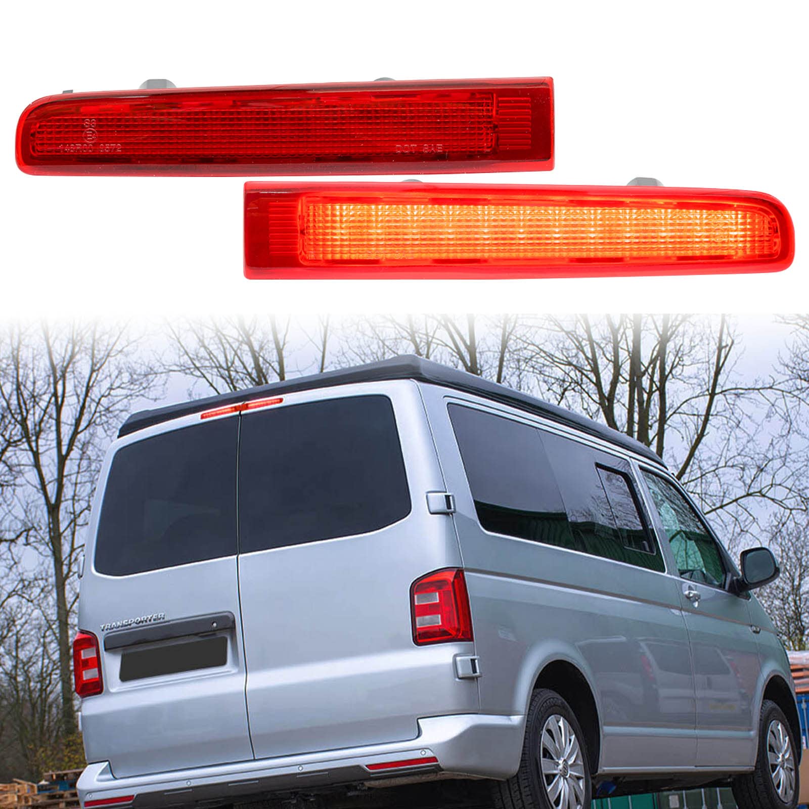 njssjd LED Drittes Bremslicht Zentrales Hohes Drittes Bremslicht für V-W T5 T6 T6.1 Transporter Kastenwagen Multivan Caravelle (mit Doppeltüren hinten) Hinten hoch montierte Bremsleuchte Rotes Glas von njssjd