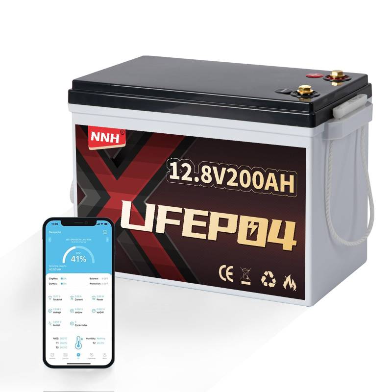 Lifepo4 200AH 12V Batterie mit Bluetooth, Mini Lithium Batterie 12V 200AH mit 200A BMS,Unterstützung 4S4P,8000 Zyklen Deep Cycle,Perfekt für Auto Camping Wohnwagen,Wohnmobil,Trolling-Motor,Solar von nnh