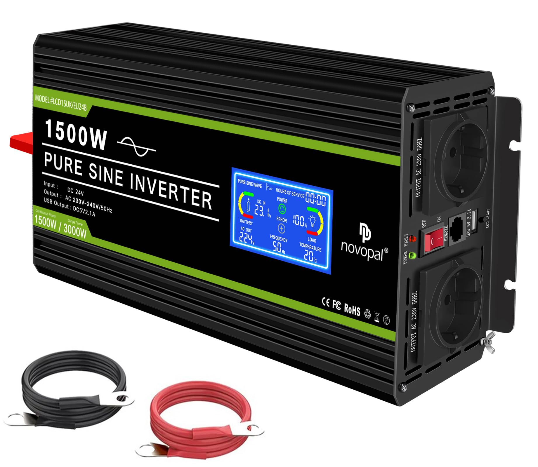 novopal 1500W Kfz Wechselrichter Spannungswandler 24v 230v Reiner Sinus mit LCD-Display und USB-Anschluss + 2AC Steckdosen mit USB-Ausgang und 5m-Fernbedienung novopal 1500W Kfz Wechselrichter Spannungswandler 24v 230v Reiner Sinus mit LCD-Display und USB-Anschluss + 2AC Steckdosen mit USB-Ausgang und 5m-Fernbedienung von novopal
