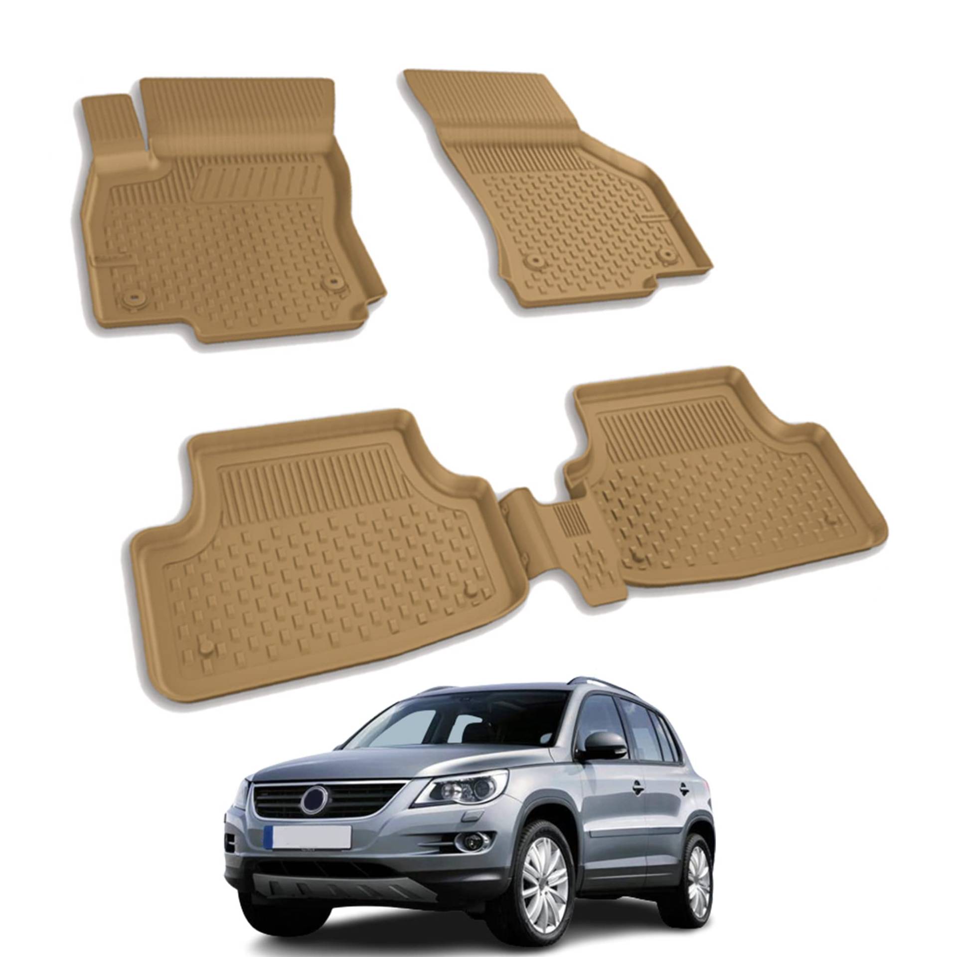 Auto Fußmatten Kompatibel mit VW Tiguan 2007-2015 Geruchlos 4.5D Passform Allwetter Automatten 5 Teilige | Antirutschmatte Hoher Rand Gummimatten Beige Fussmatten Vorne Hinten Autoteppich von noxx