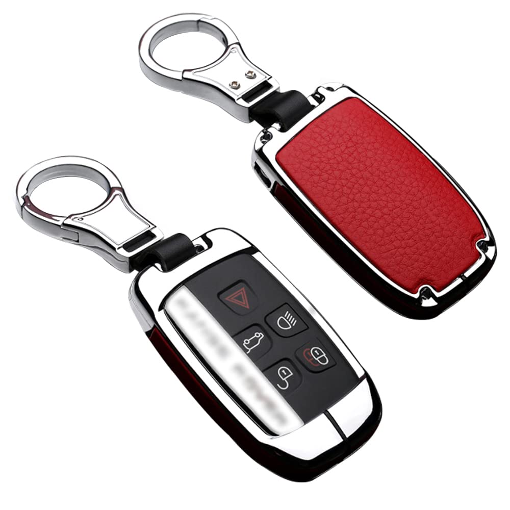 ontto 1 Stück Autoschlüssel Hülle Abdeckung Schlüssel Tasche für Defender Discovery Evoque LR4 Range Rover Sport Jaguar Metall Zink Legierung & Leder Schlüsselschutz Keyless Schlüsselbund -Silver red von ontto