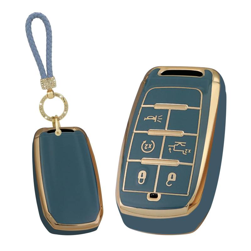 ontto Autoschlüssel Abdeckung Auto Schlüsselanhänger Tasche Schutz Kompatibel mit Dodge Ram 1500 Pickup TRX Rebel Ram 2500 3500 4500 5500 2019 2020 2021 TPU Autoschlüsseletui 5 Tasten Graublau D von ontto