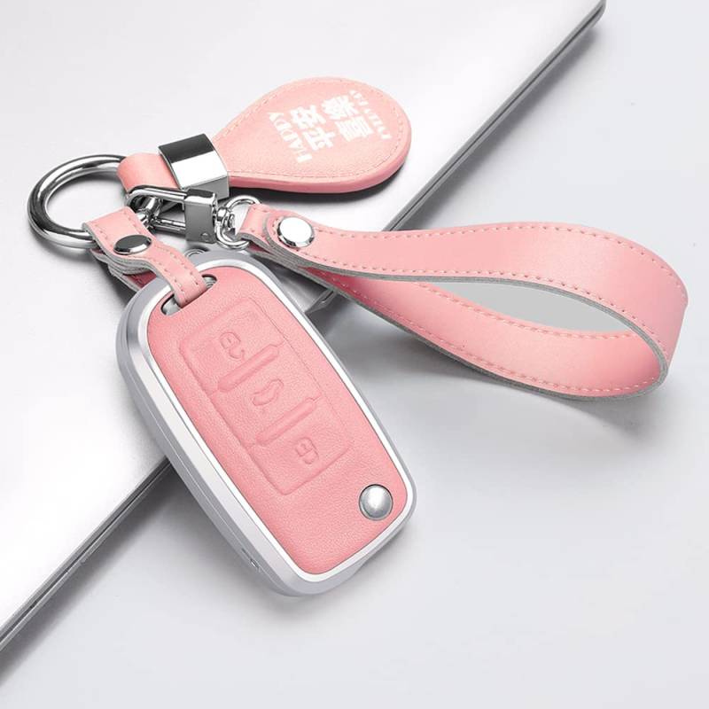 ontto Autoschlüssel Hülle Abdeckung Passt für VW Caddy Jetta Golf 4 5 Polo Passat 3BG Tiguan Skoda Fabia Seat Altea Ibiza Fernbedienung Schlüsselanhänger Leder Metall Schutzhülle Schlüsseletui-Rosa von ontto