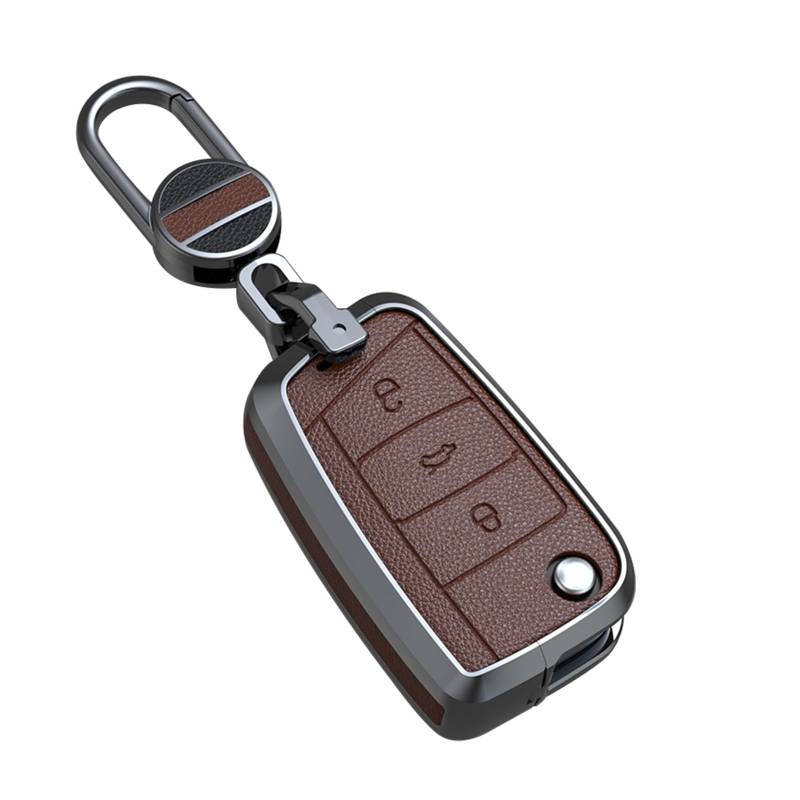 ontto Autoschlüssel Hülle Abdeckung Passt für VW Golf 7 MK7 Jetta T-ROC Seat Leon 3 Ibiza Ateca Skoda Fabia Karoq Metall Leder Schlüsselcover Schlüsselanhänger Schlüsselhülle Schlüsselschutz-Braun von ontto