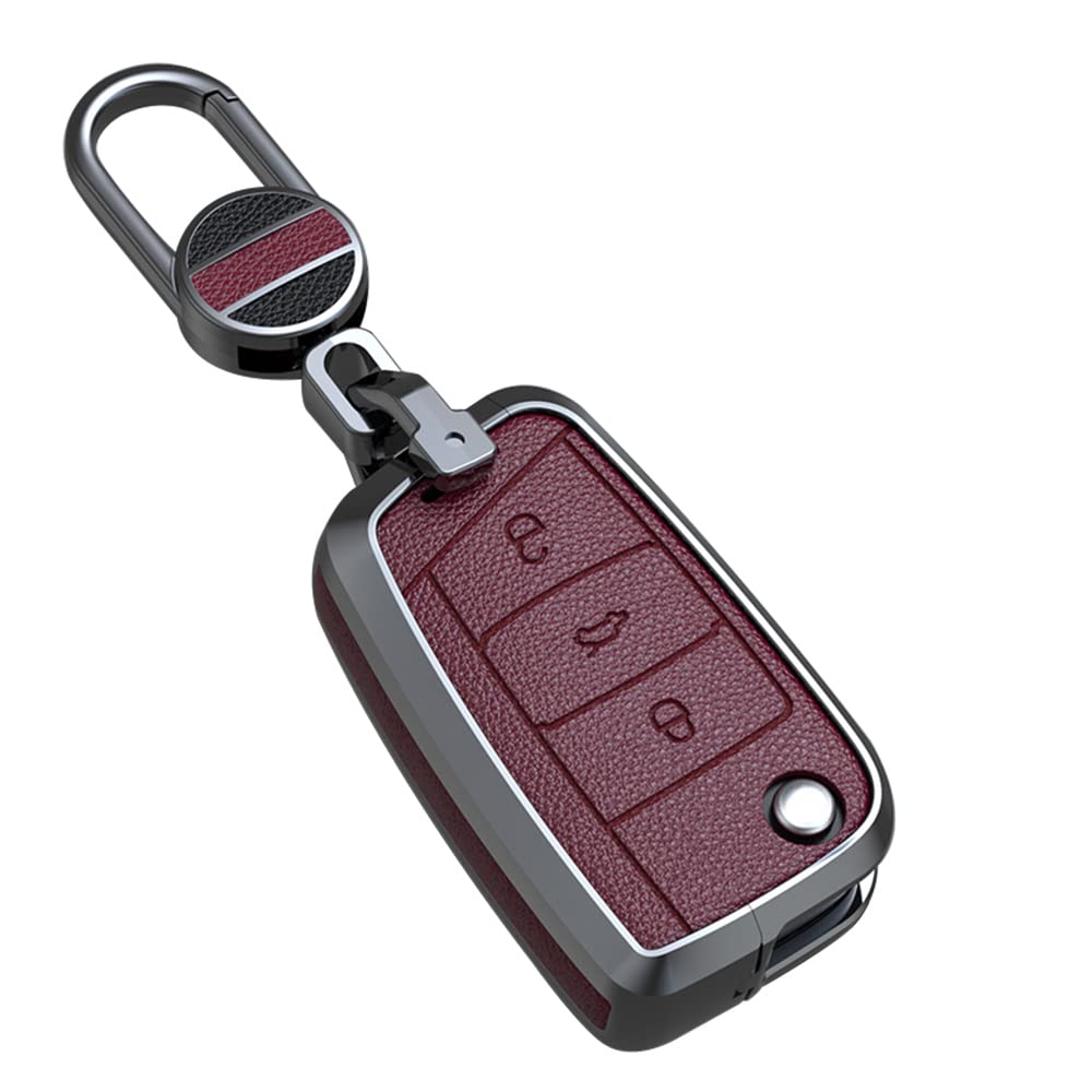 ontto Autoschlüssel Hülle Abdeckung Passt für VW Golf 7 MK7 Jetta T-ROC Seat Leon 3 Ibiza Ateca Skoda Fabia Karoq Metall Leder Schlüsselcover Schlüsselanhänger Schlüsselhülle Schlüsselschutz-Rot von ontto