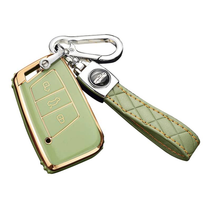 ontto Autoschlüssel Hülle Cover Passt für VW Magotan Passat B8 CC MK2 Jetta Skoda Superb A7 Kodiaq?Zubehör Schlüsselbox Schlüsselhülle Schlüsselanhänger Schlüssel Schutz Etui 3 Tasten-Golden Grün von ontto
